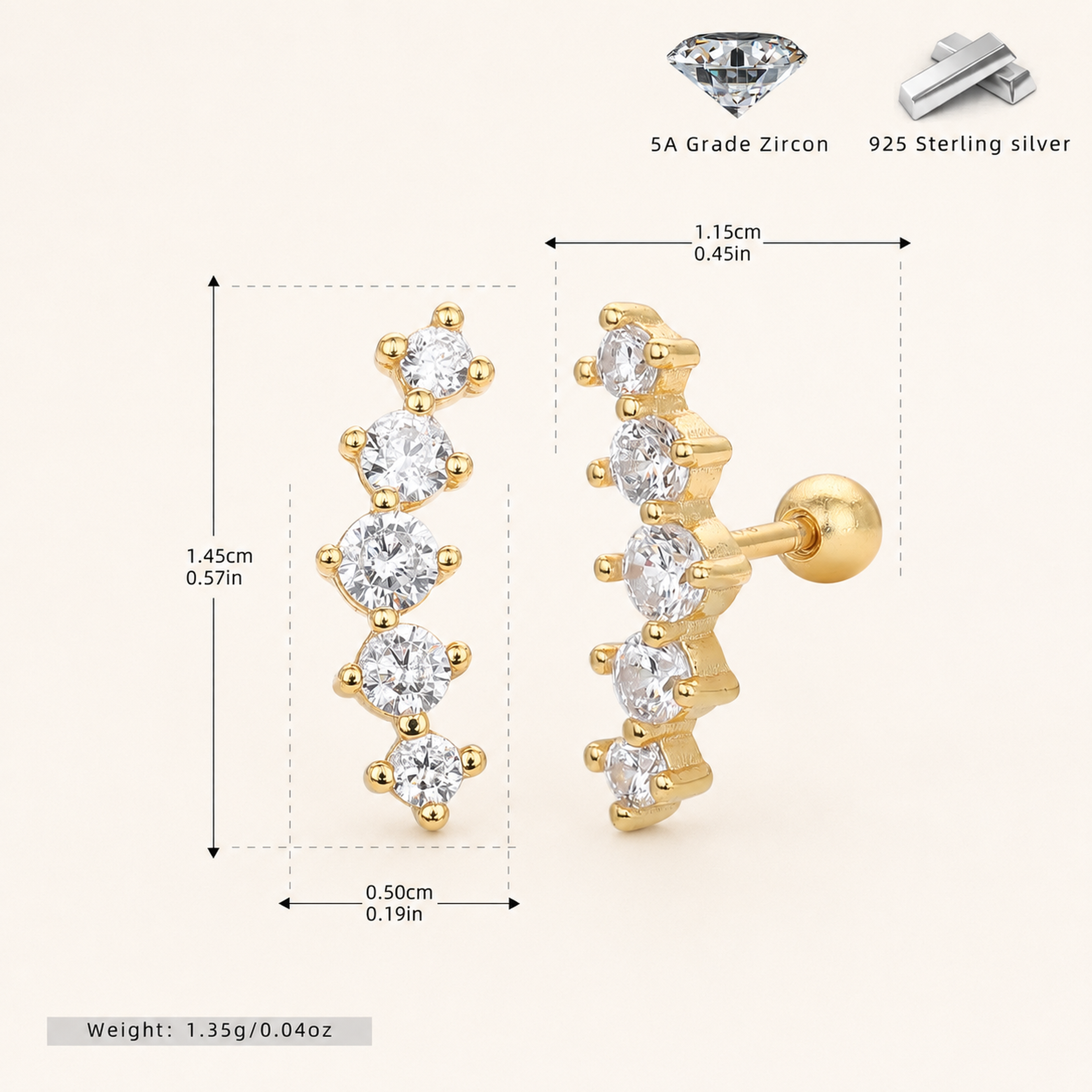 Sterling Silver Zirconia Solitaire Flat Back Earrings - Gold