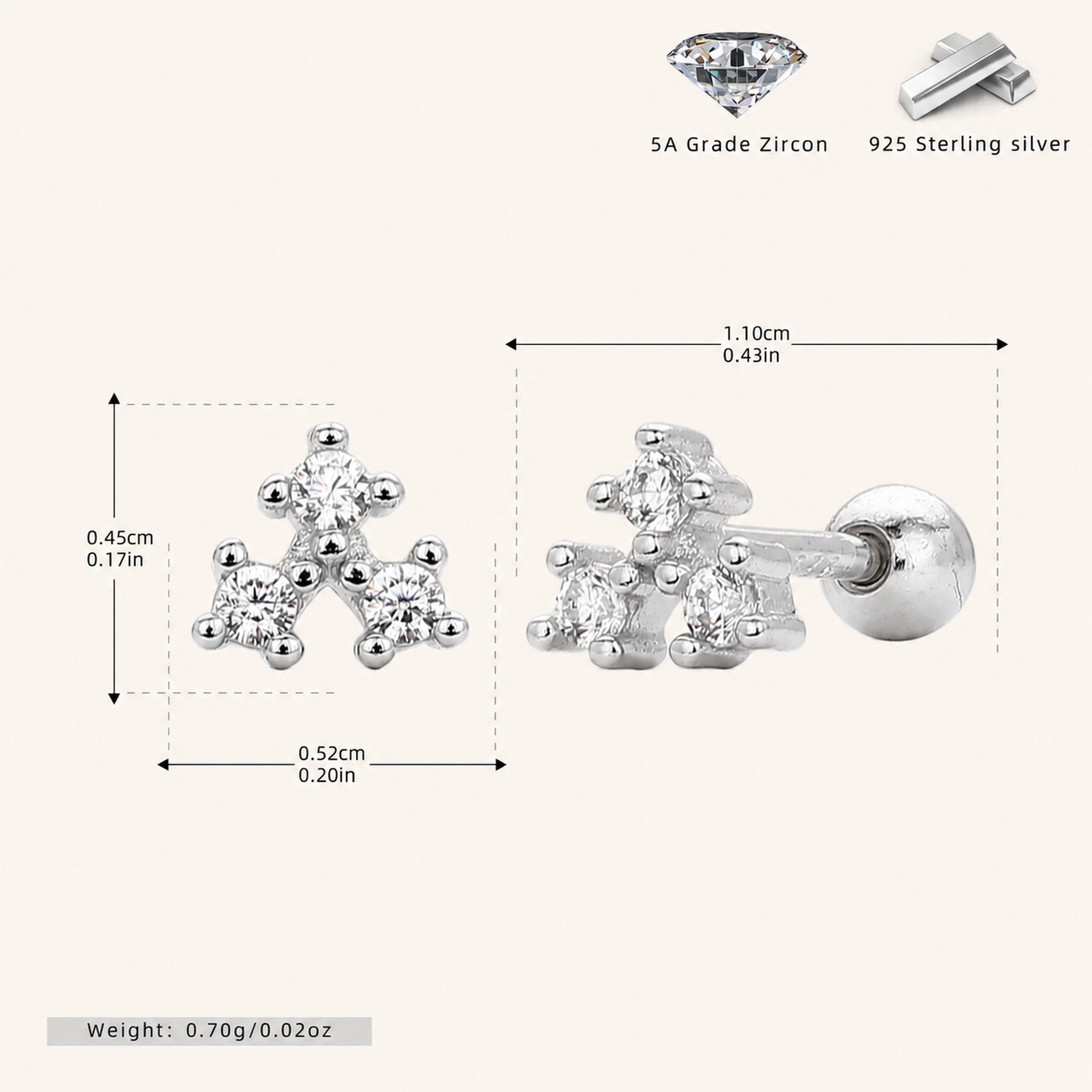Sterling Silver Screw-Back Zirconia Stud Earrings - Platinum