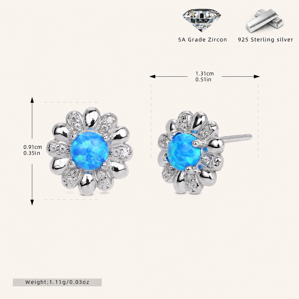 Sterling Silver Opal Flower Stud Earrings - Platinum / Blue Opal