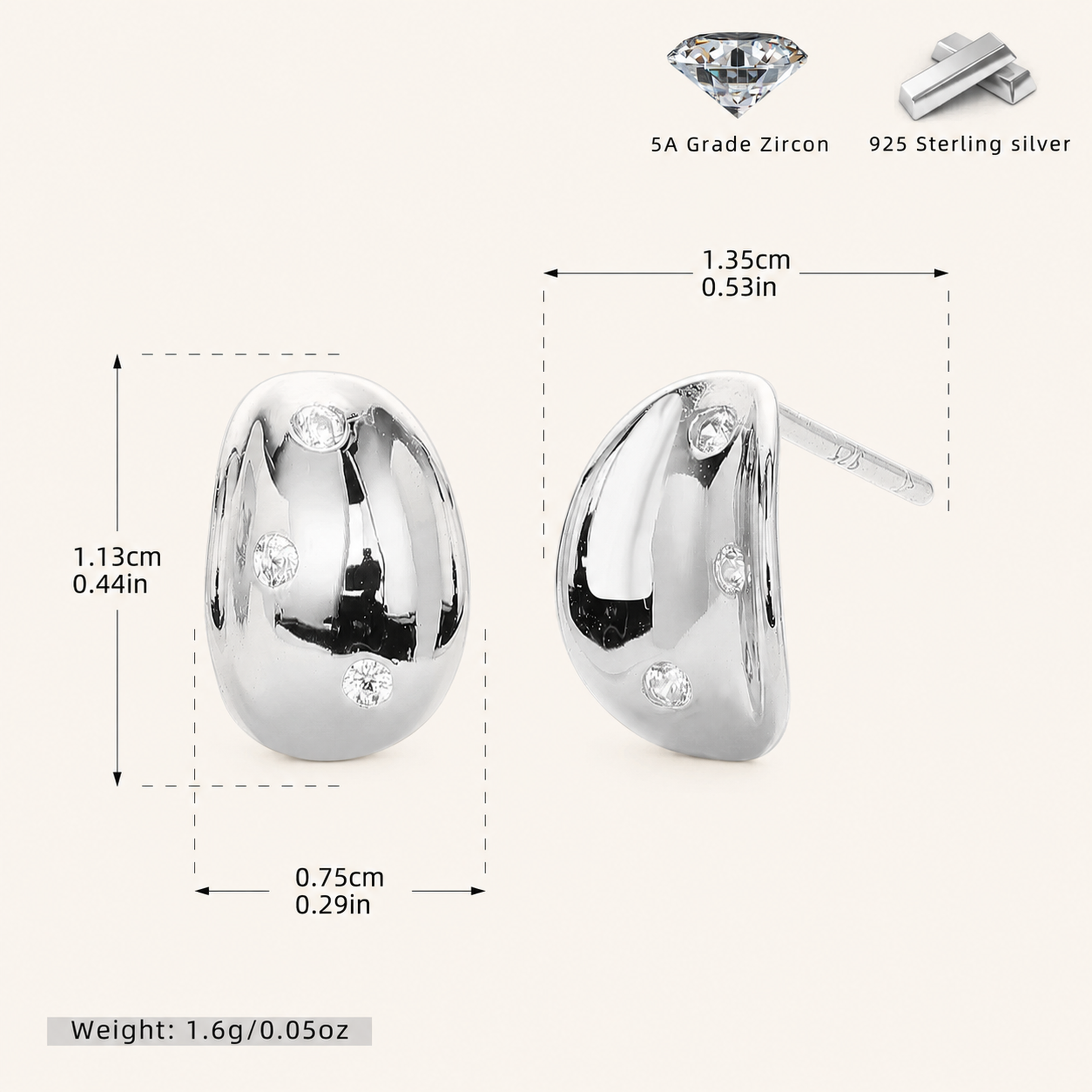Sterling Silver French Concave Vintage Stud Earrings - Platinum