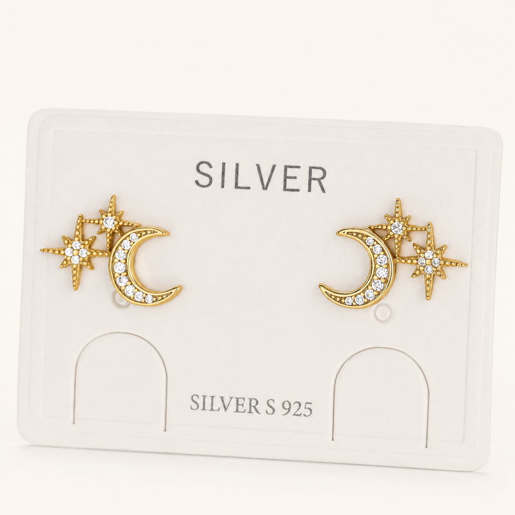 Sterling Silver Star and Moon Zirconia Stud Earrings detail view