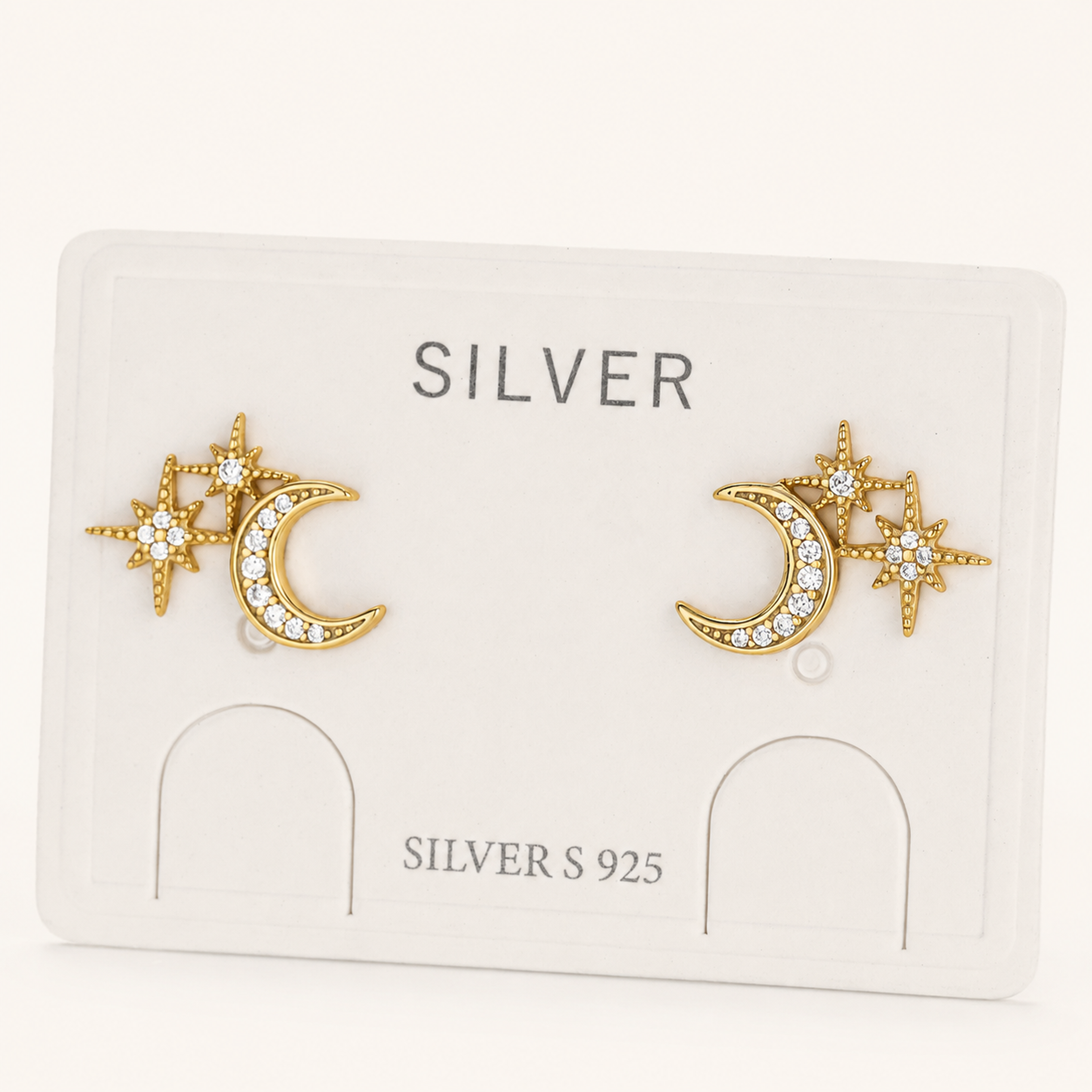 Sterling Silver Star and Moon Zirconia Stud Earrings detail view