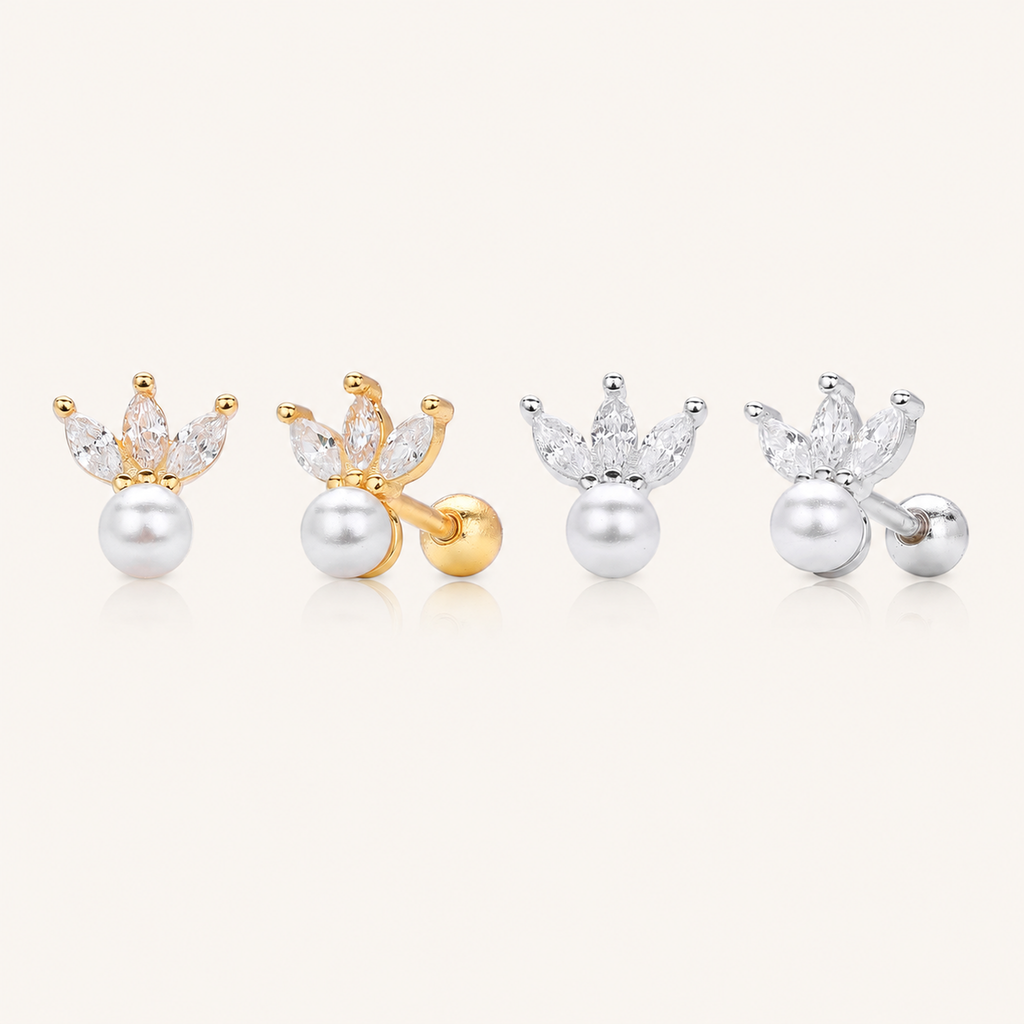Sterling Silver Crown Pearl Zirconia Flat Back Earrings