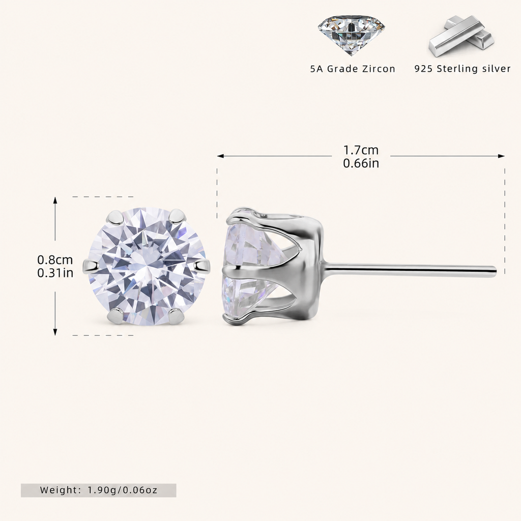 Sterling Silver Six-Prong Zirconia Stud Earrings - Platinum / 8mm
