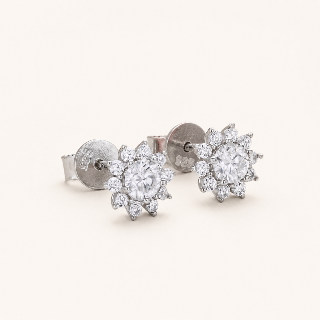 Sterling Silver Moissanite Sunflower Stud Earrings detail