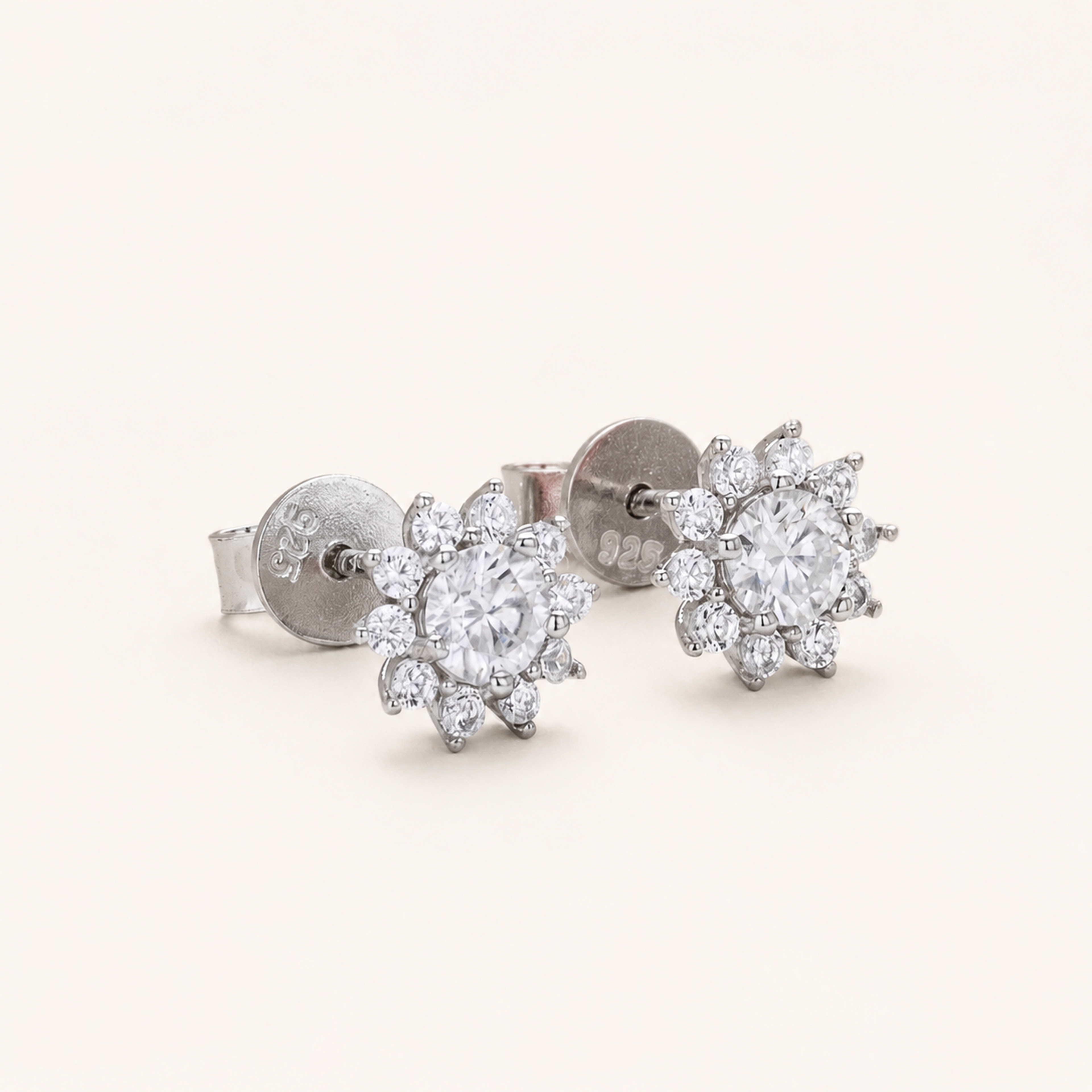 Sterling Silver Moissanite Sunflower Stud Earrings detail
