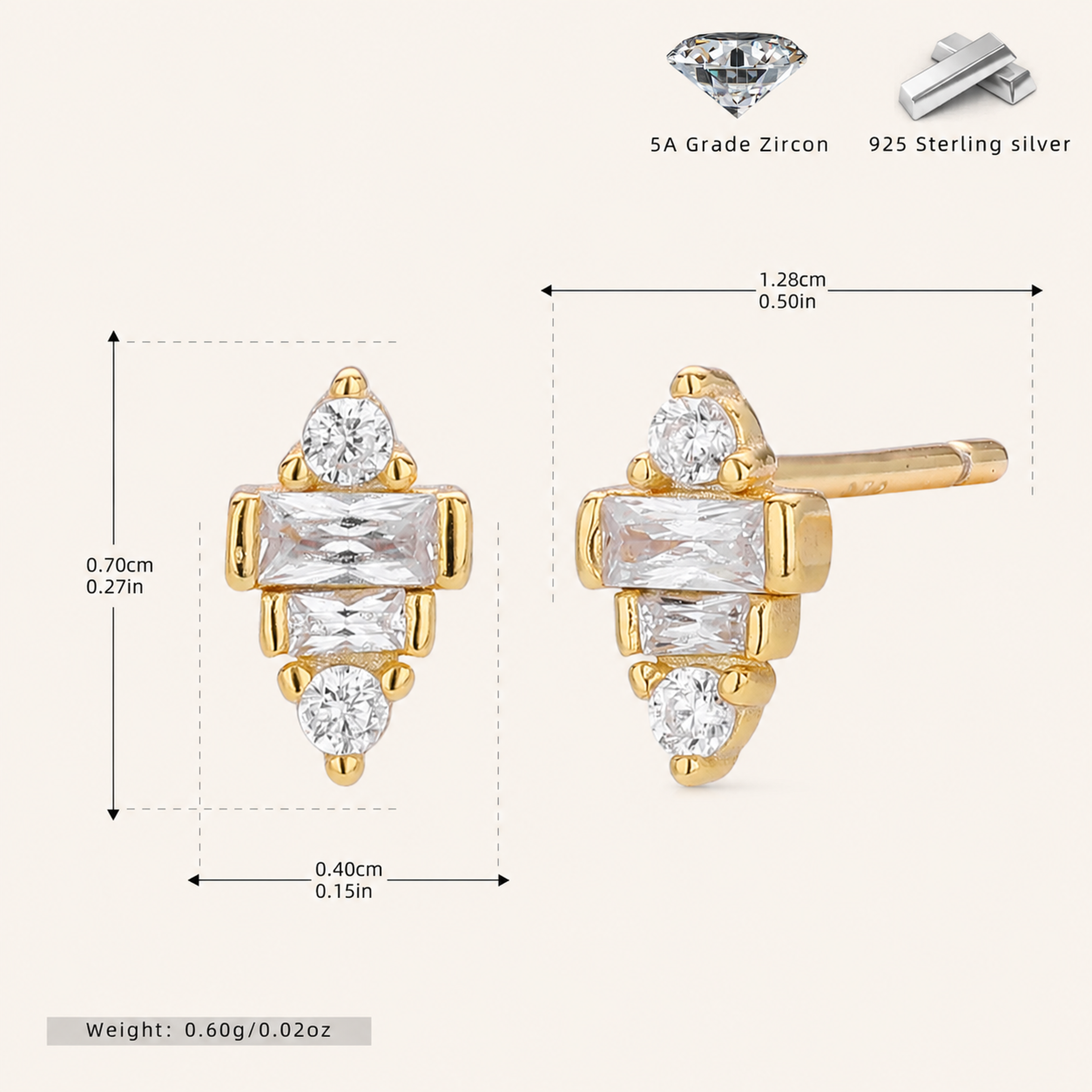 Sterling Silver Petite Zirconia Stud Earrings - Gold