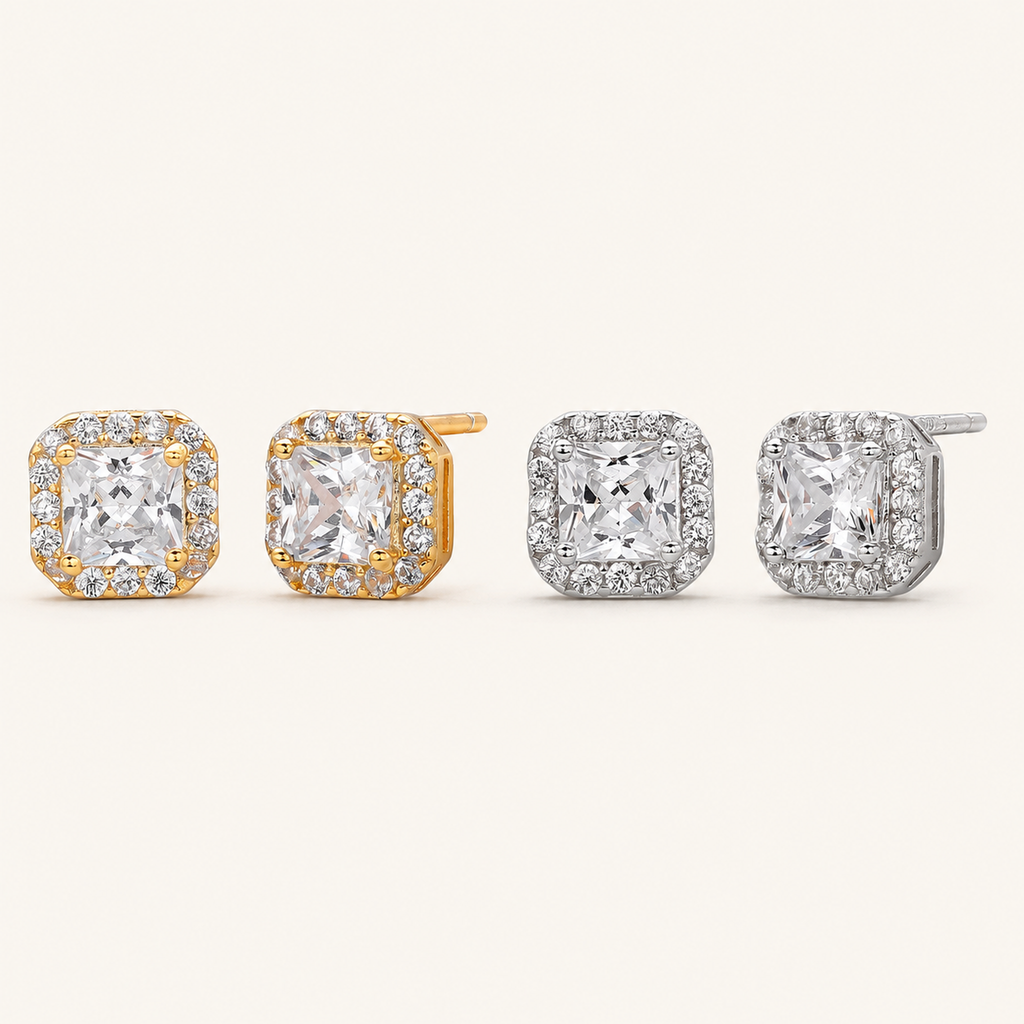 Sterling Silver Bold Square Zirconia Stud Earrings