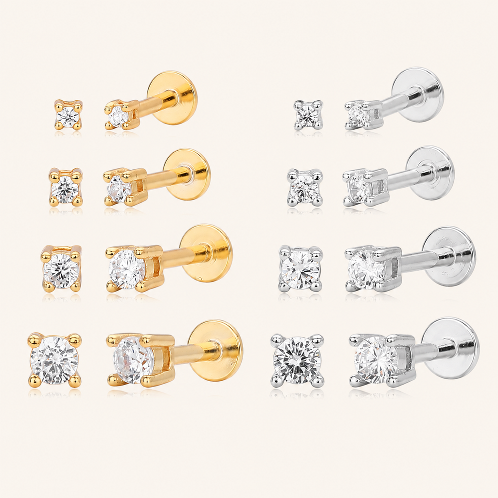 Sterling Silver Round Zirconia Solitaire Flat Back Earrings