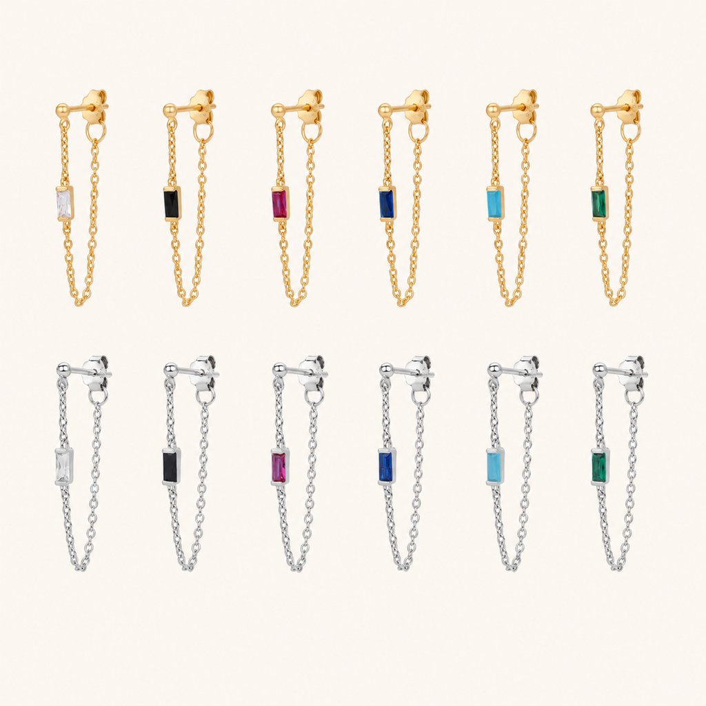 Sterling Silver Multicolor Zirconia Chain Drop Stud Earrings