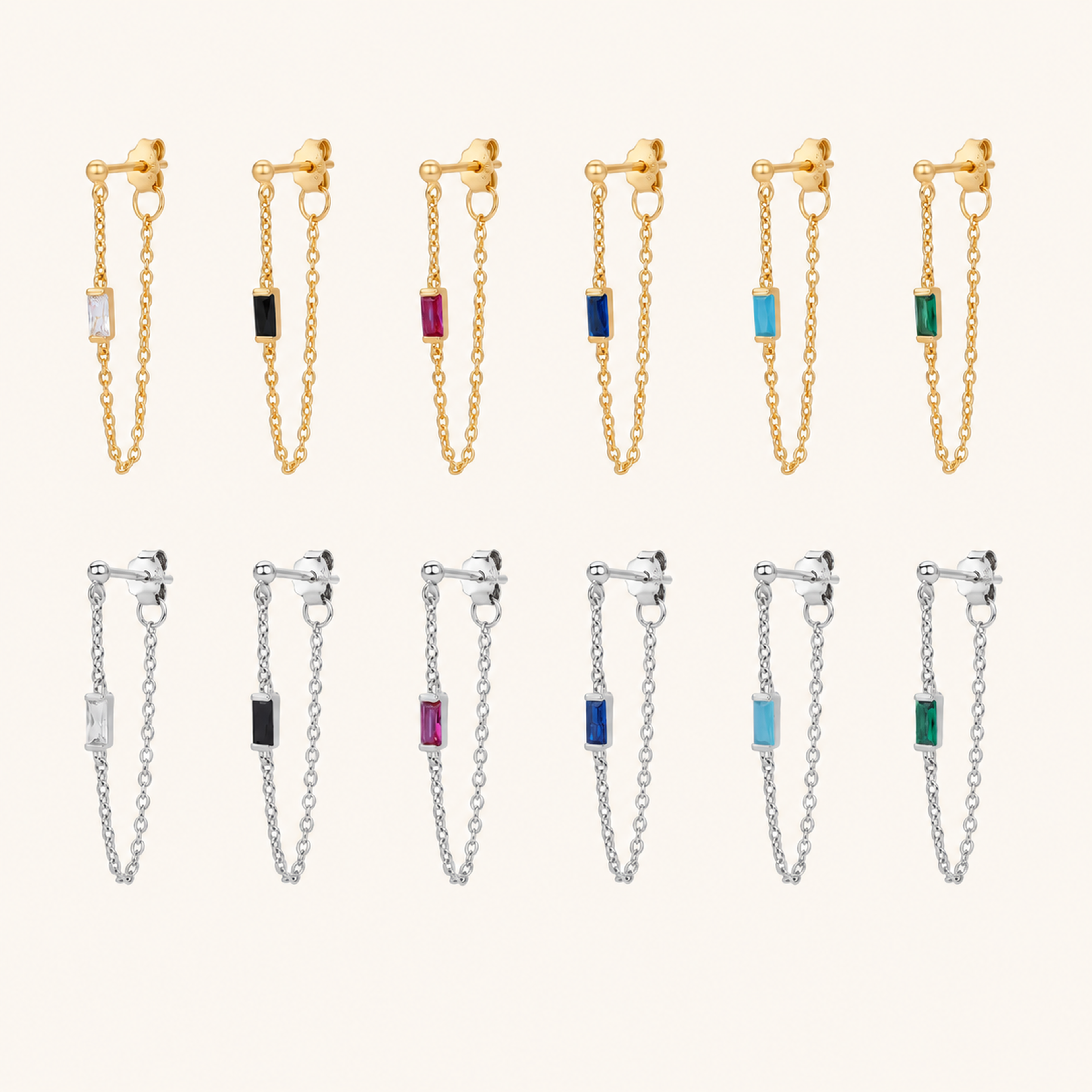 Sterling Silver Multicolor Zirconia Chain Drop Stud Earrings