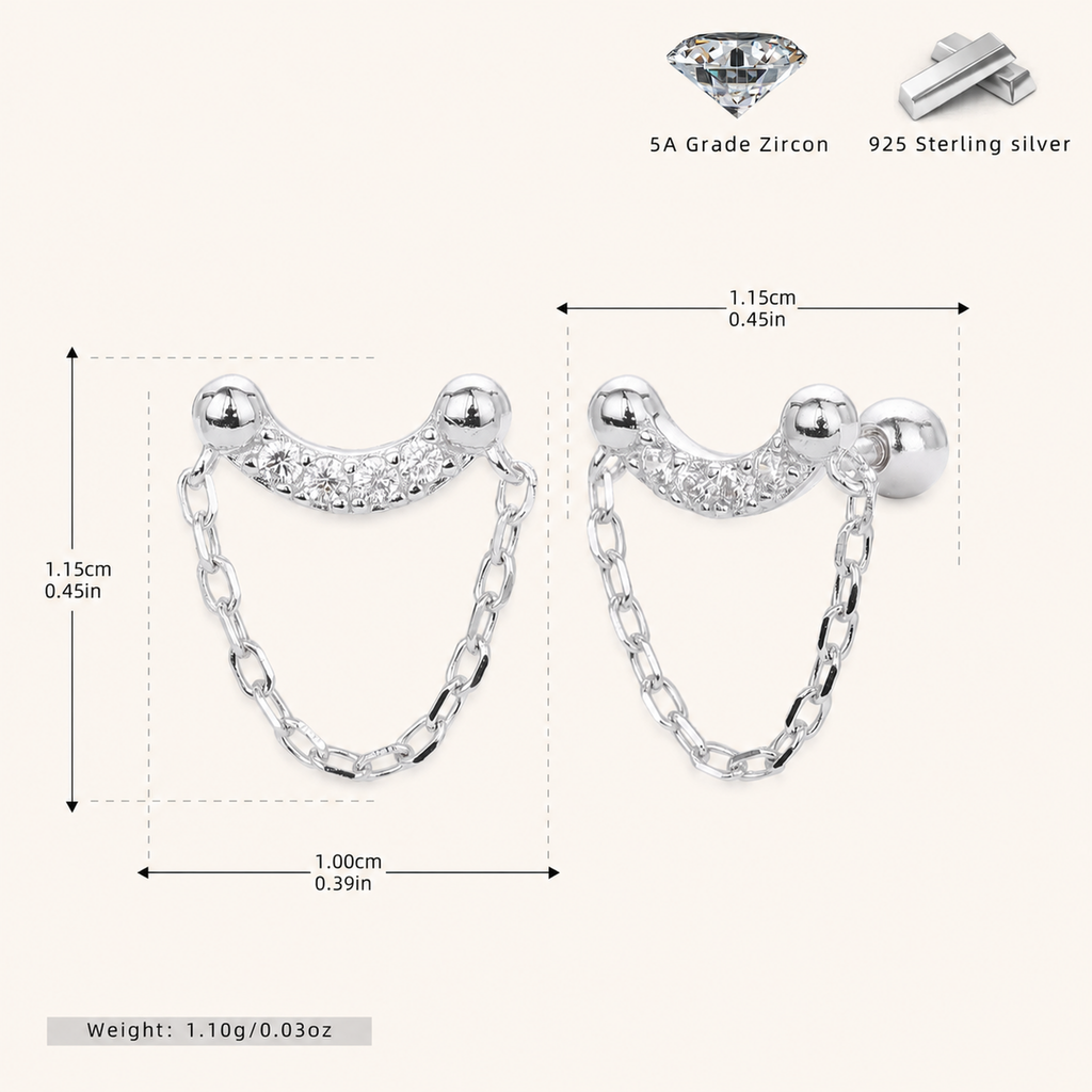 Sterling Silver Twisted Bead Zirconia Drop Flat Back Earrings - Platinum