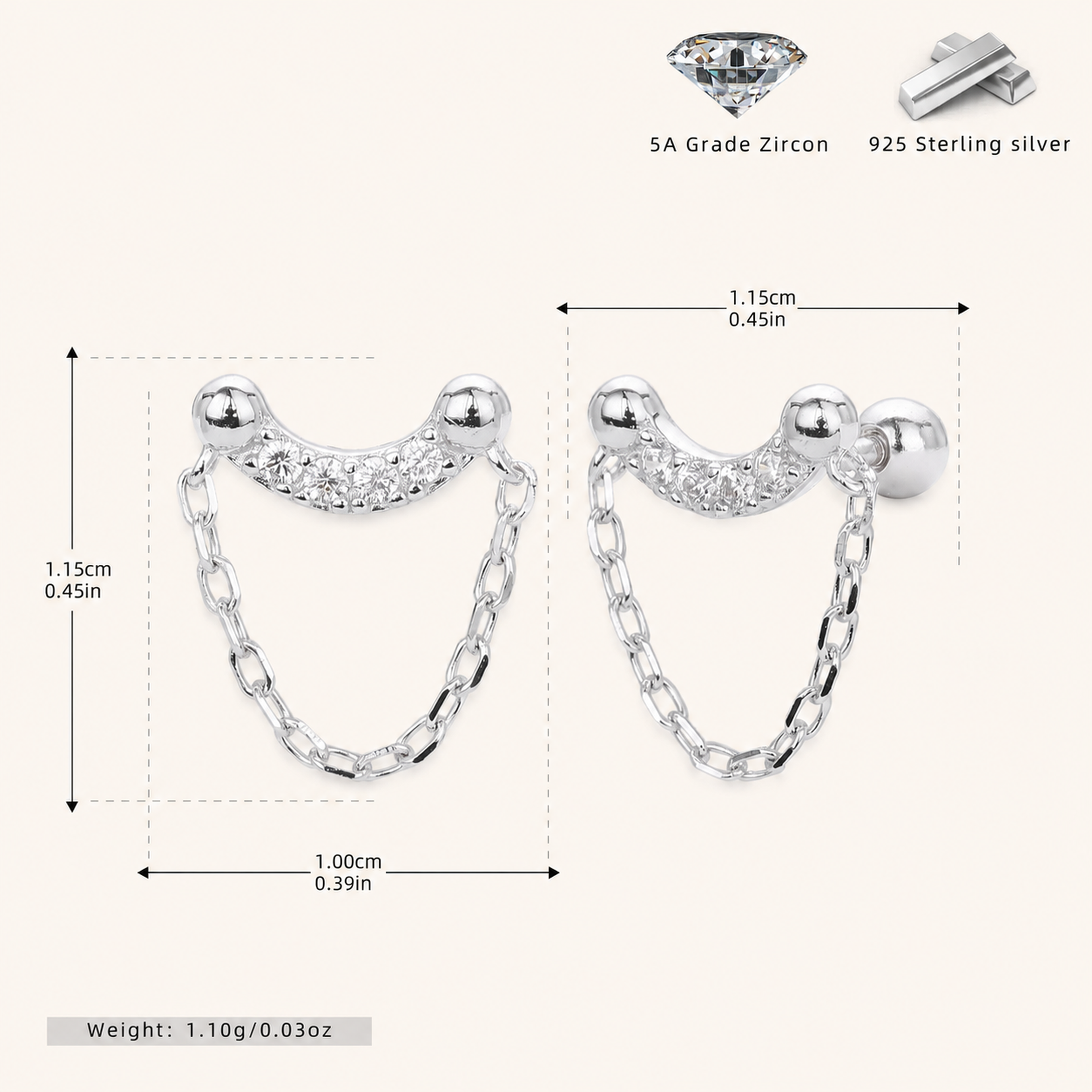 Sterling Silver Twisted Bead Zirconia Drop Flat Back Earrings - Platinum