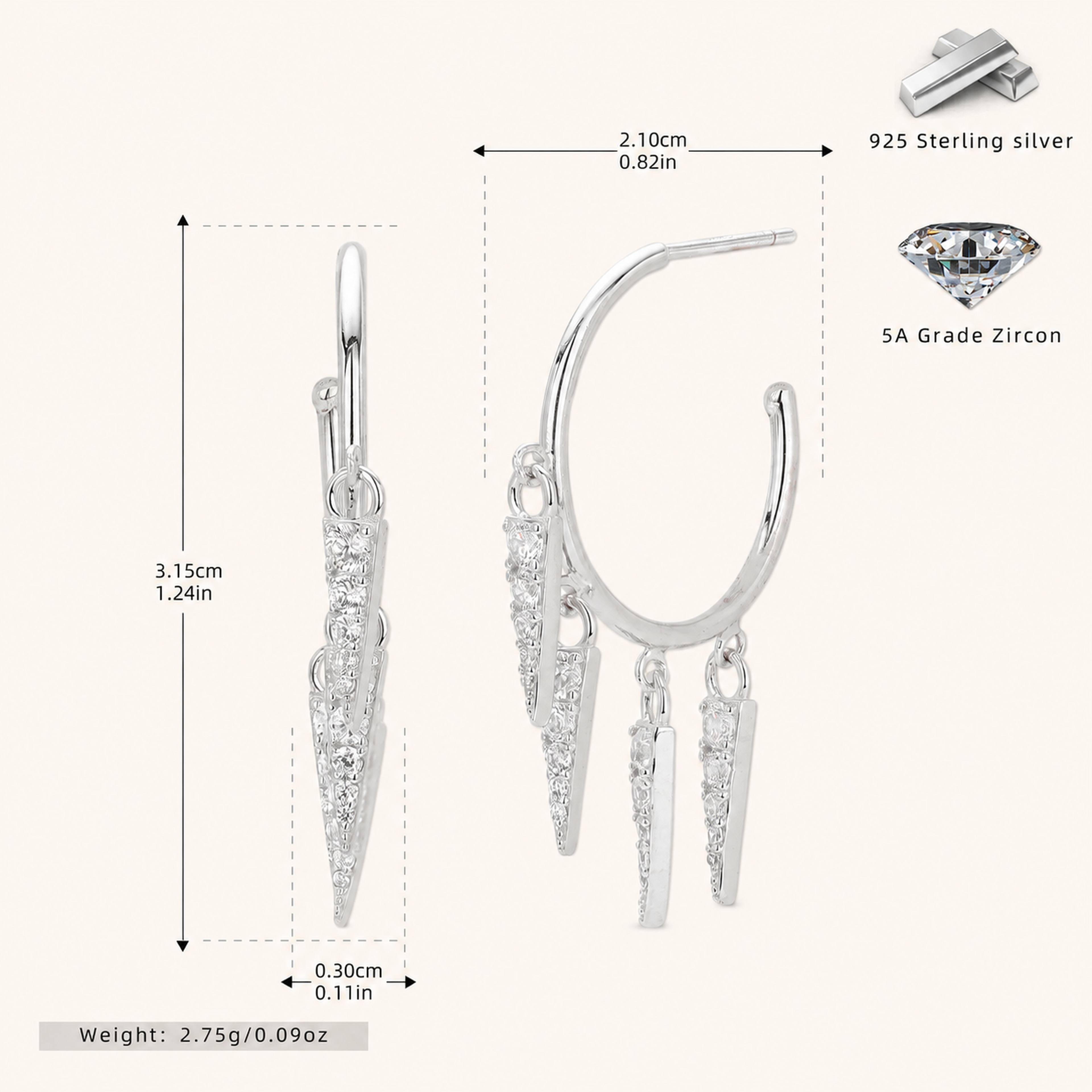 Sterling Silver French Zirconia Tassel Drop Stud Earrings - Platinum
