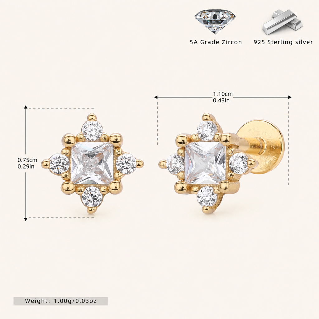 Sterling Silver Pearl Zirconia Cartilage Flat Back Earrings - Gold