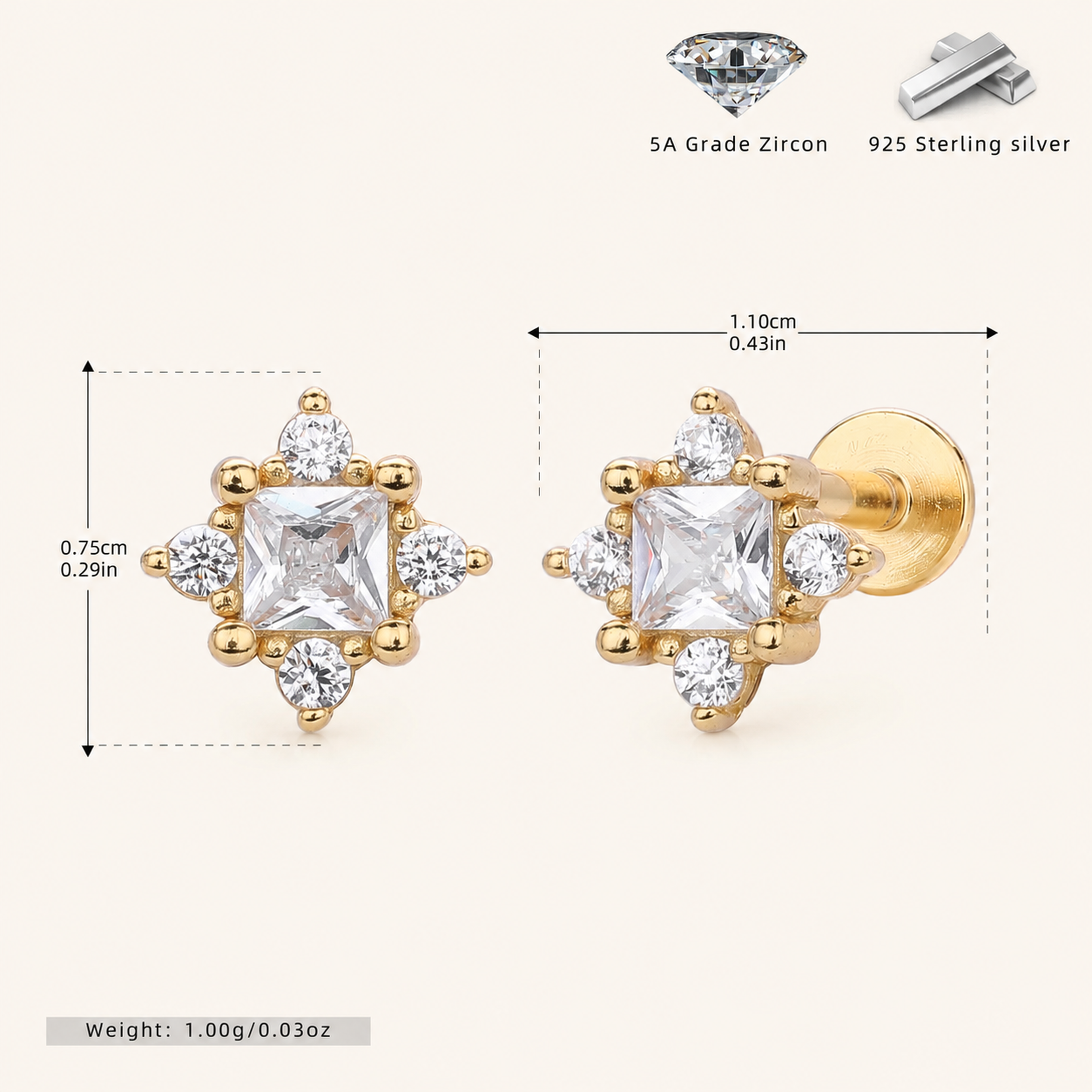 Sterling Silver Pearl Zirconia Cartilage Flat Back Earrings - Gold