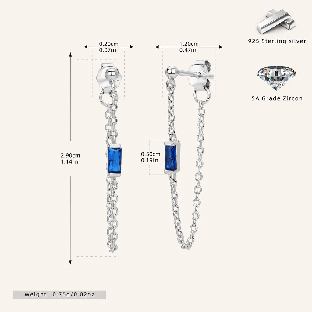 Sterling Silver Multicolor Zirconia Chain Drop Stud Earrings - Platinum / Turquoise