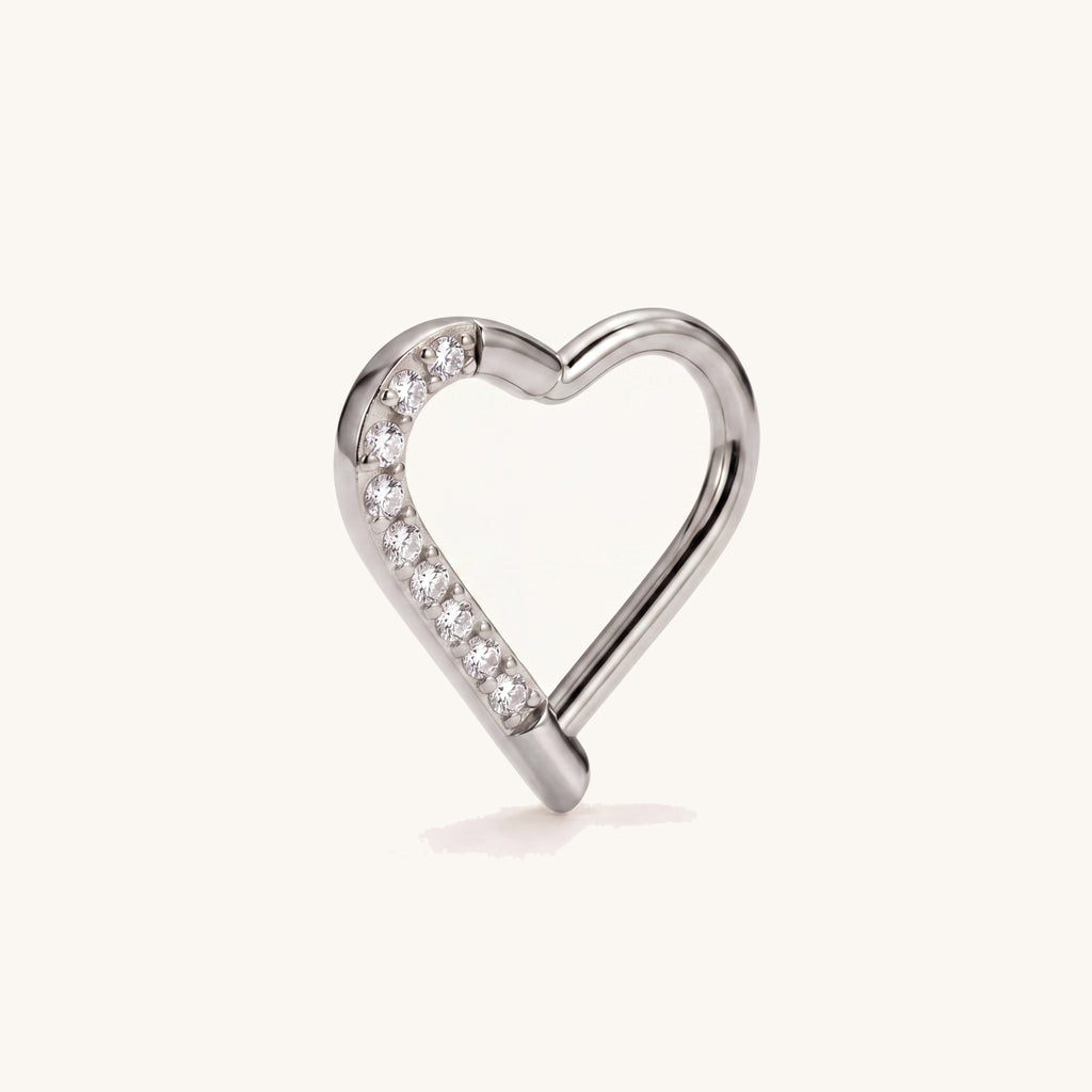 Crystal Heart Titanium Hoop Earrings - Silver