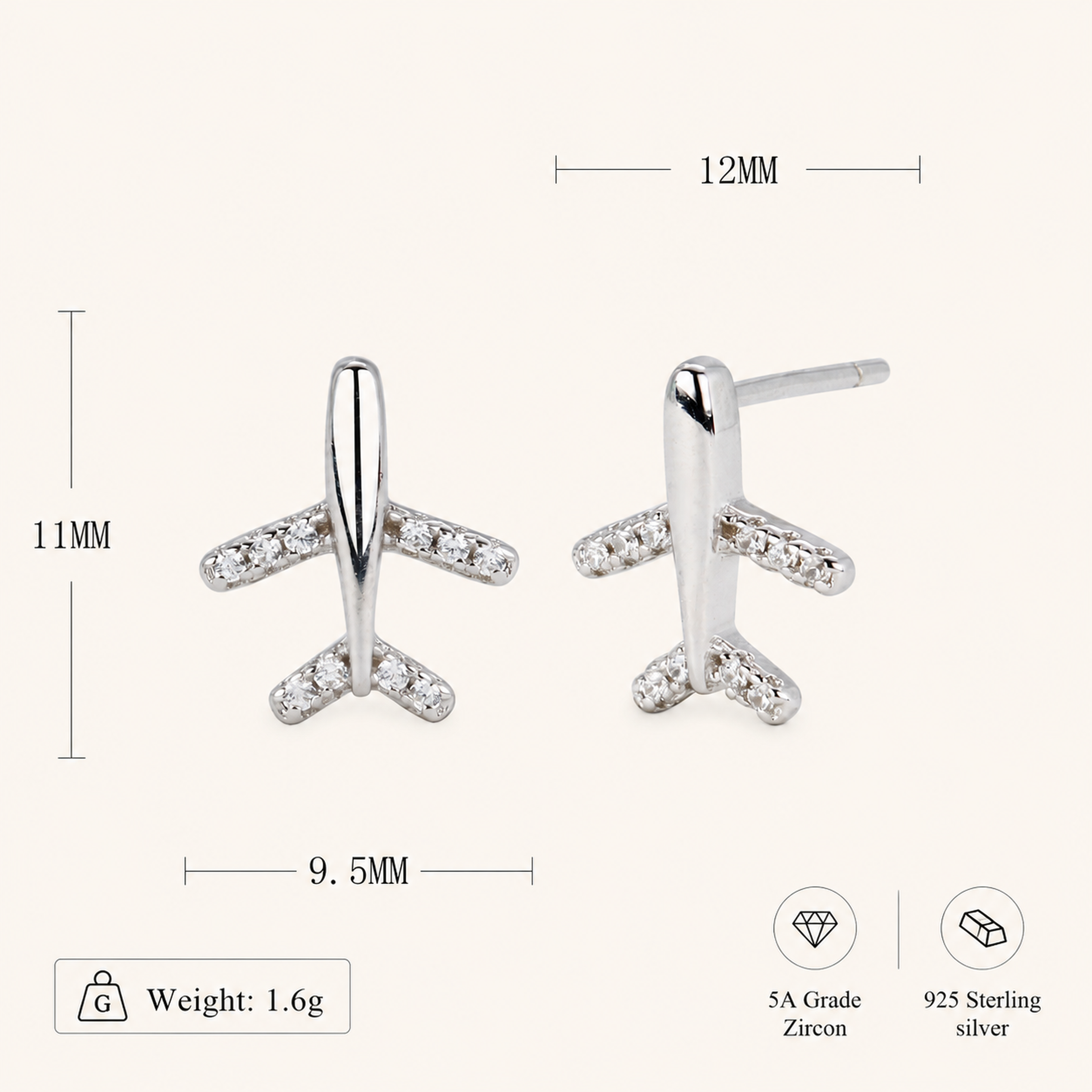 Sterling Silver Pavé Airplane Stud Earrings - Platinum