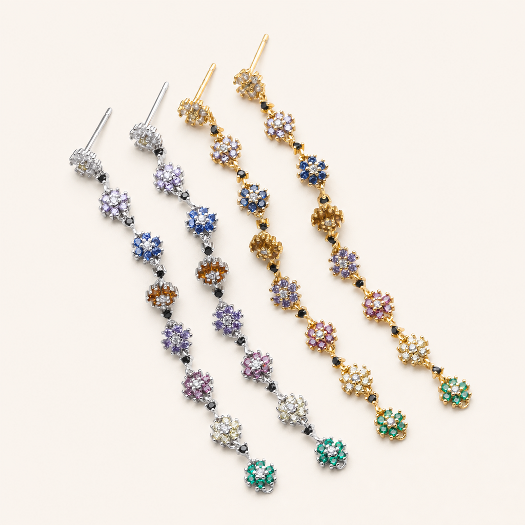 Sterling Silver Colorful Flower Chain Drop Stud Earrings detail