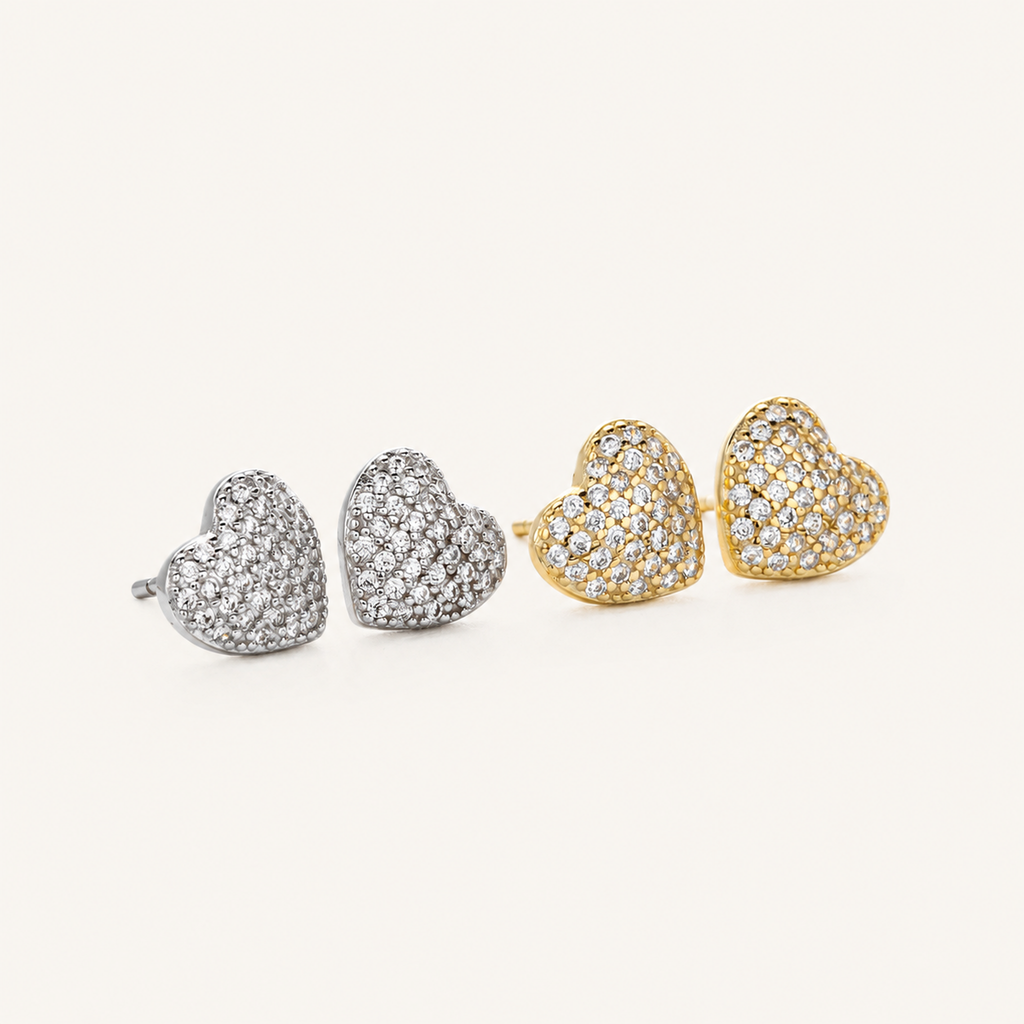 Sterling Silver Pave Heart Zirconia Stud Earrings detail