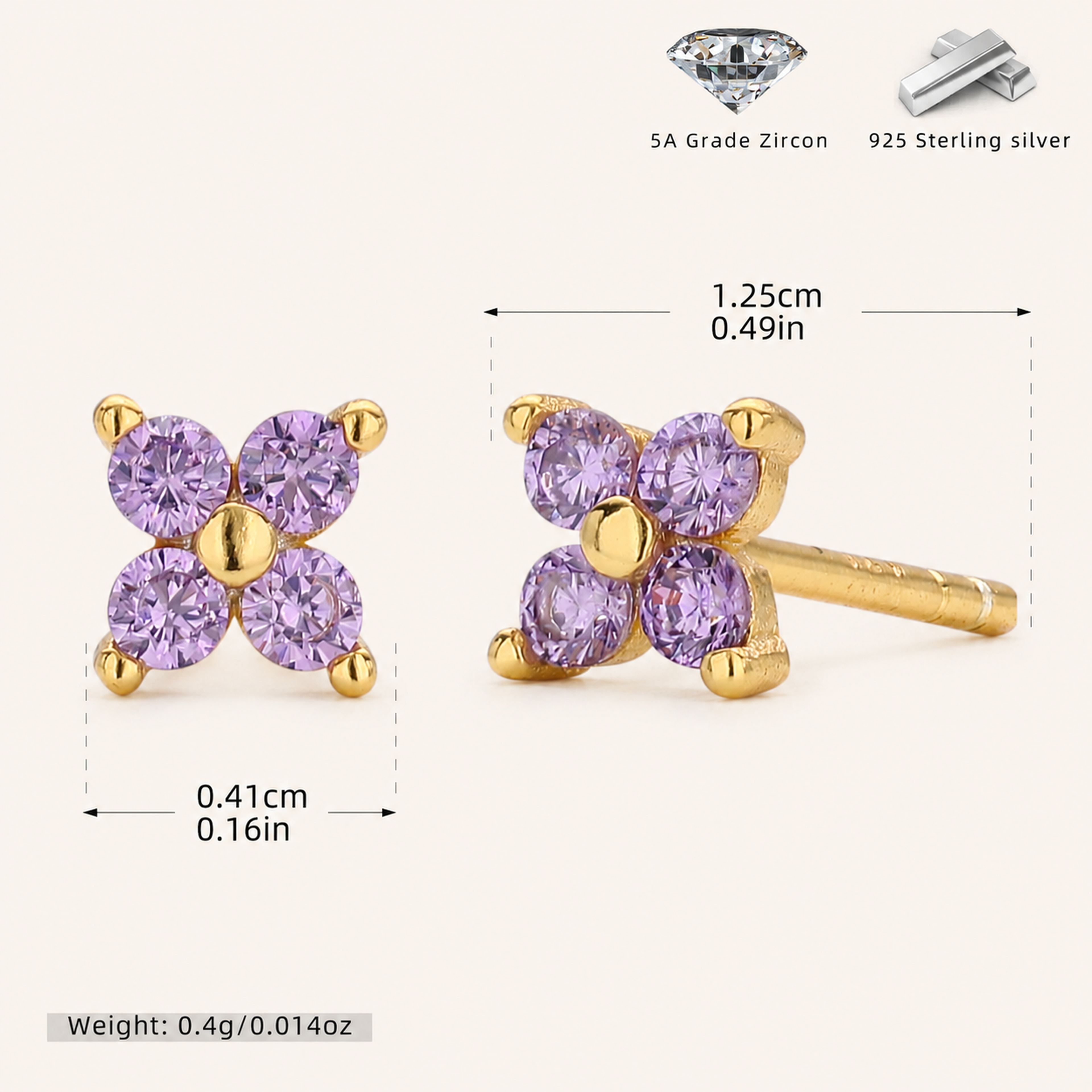 Sterling Silver Four-Petal Flower Stud Earrings - Gold / Purple
