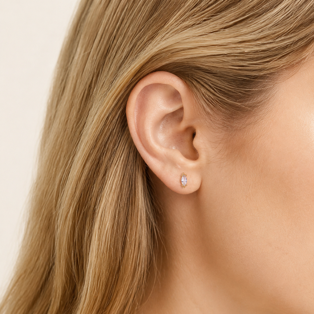 Sterling Silver Marquise Zirconia Flat Back Earrings worn on the ear