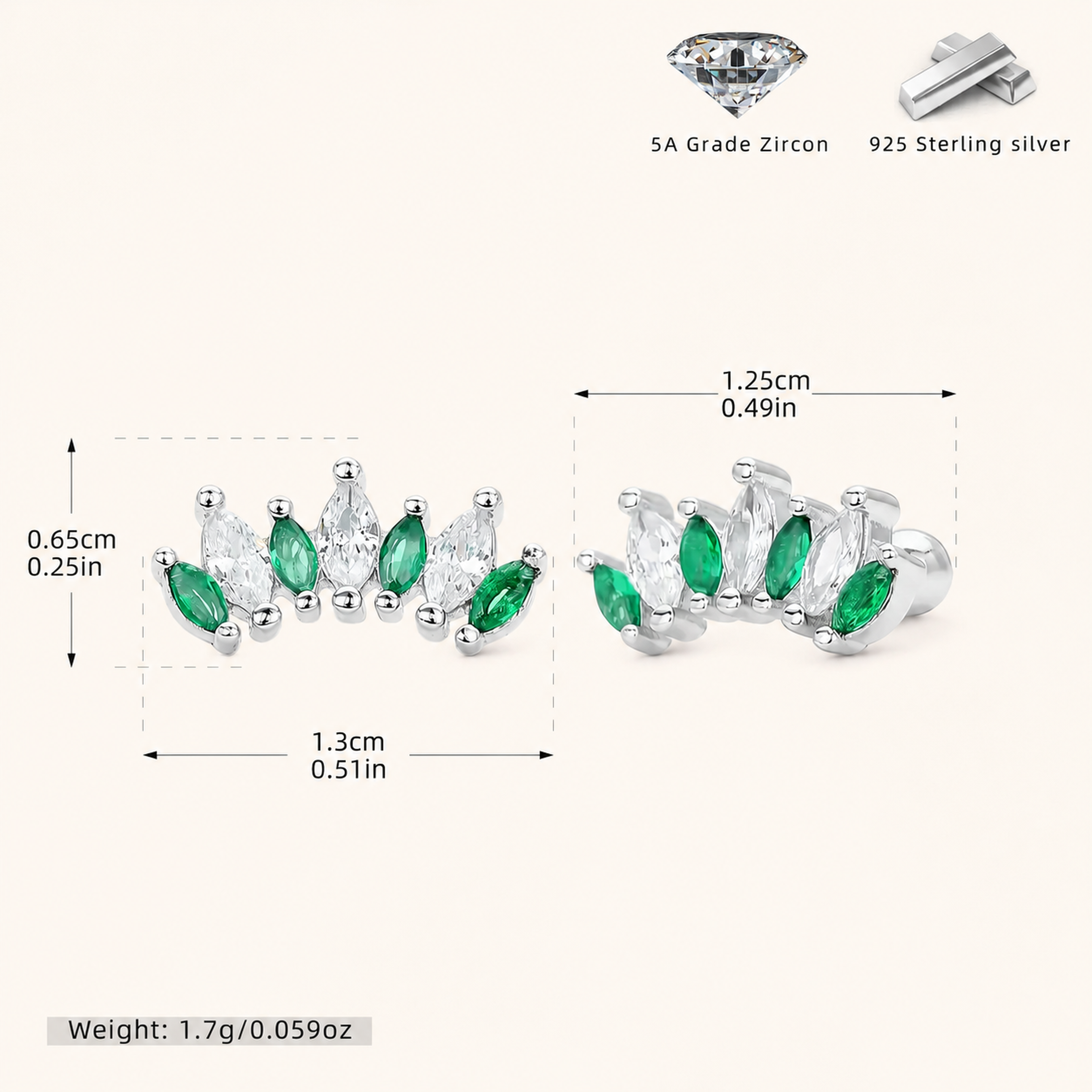 Sterling Silver Two-Tone Zirconia Crown Flat Back Earrings - Platinum / Green