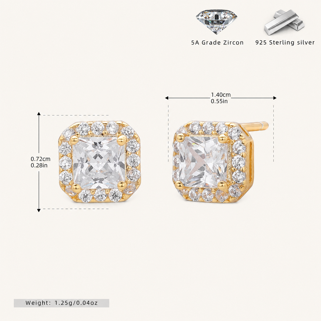 Sterling Silver Bold Square Zirconia Stud Earrings - Gold