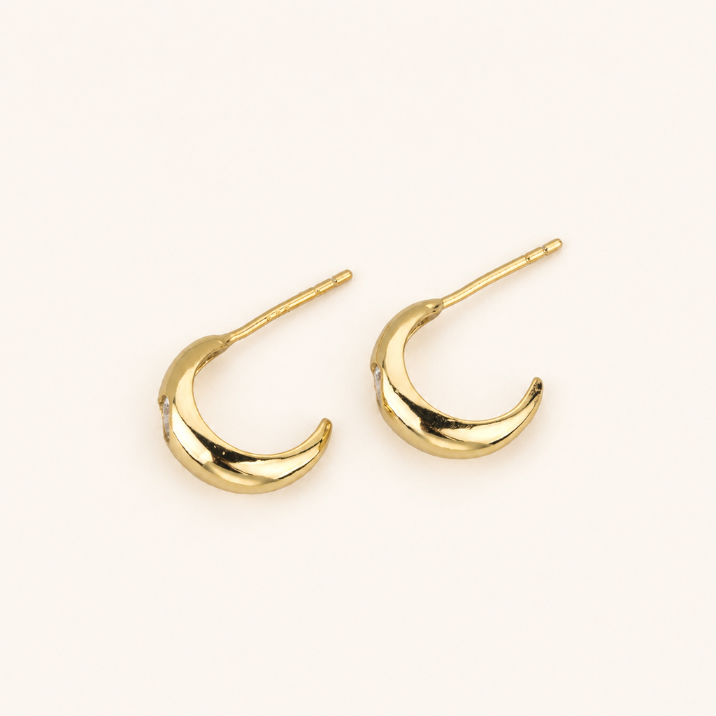 Sterling Silver Zirconia Crescent Moon Stud Earrings detail view