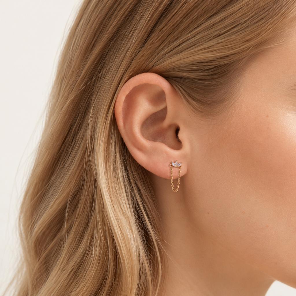 Sterling Silver Zirconia Chain Drop Flat Back Earrings worn on the ear