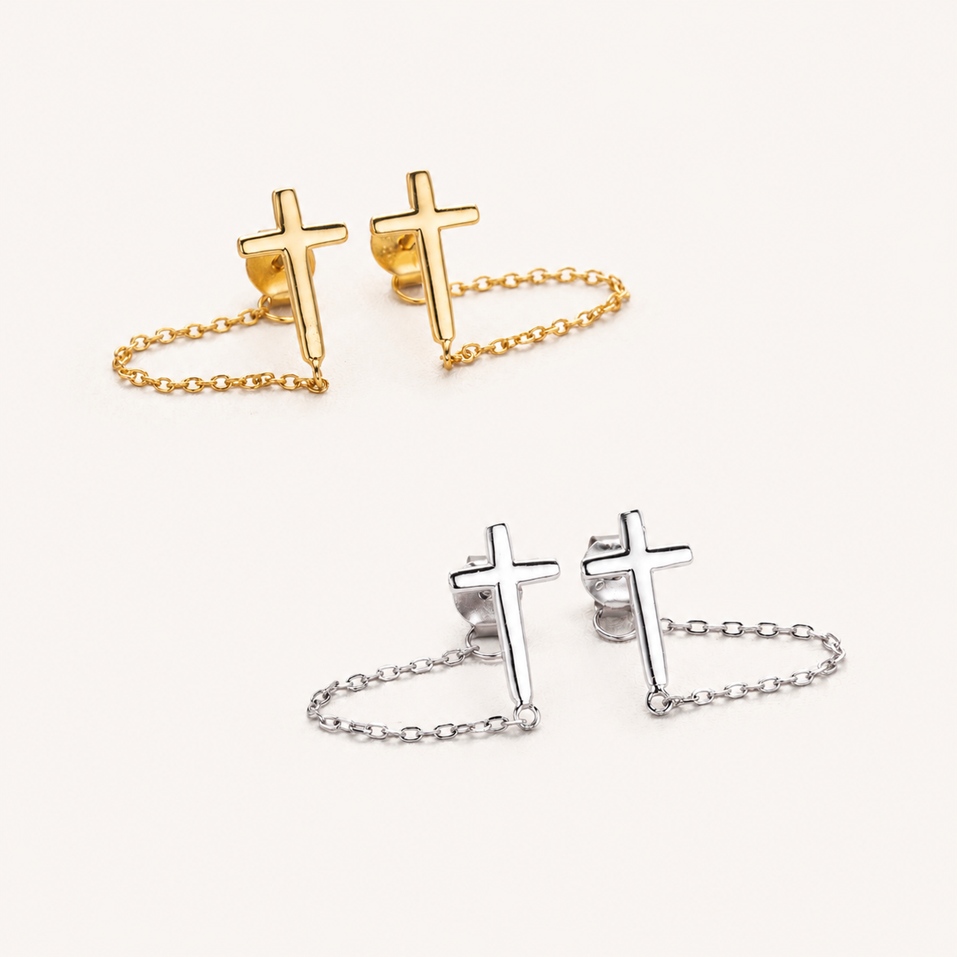 Sterling Silver Cross Chain Drop Stud Earrings detail view