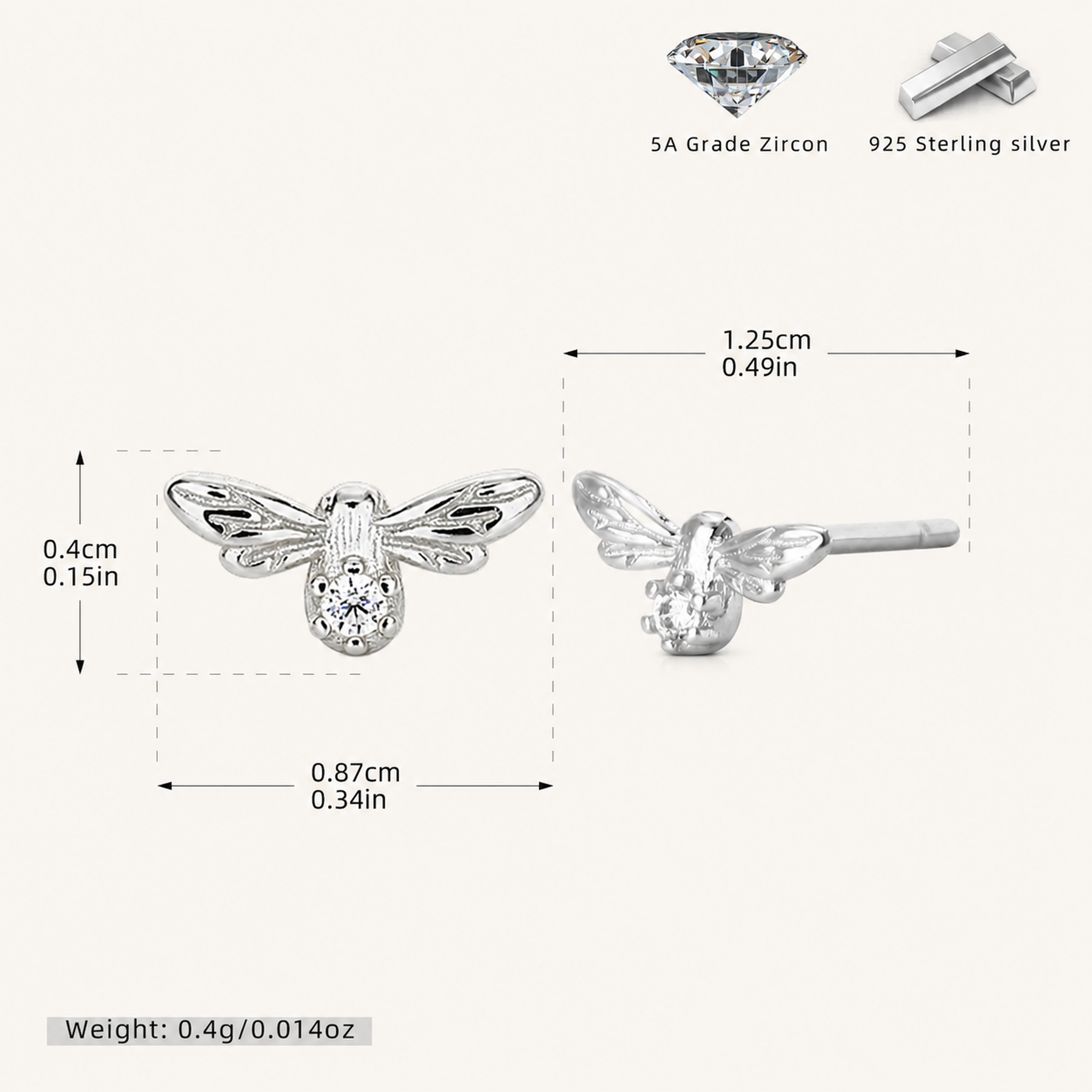 Sterling Silver Zirconia Dragonfly Stud Earrings - Platinum