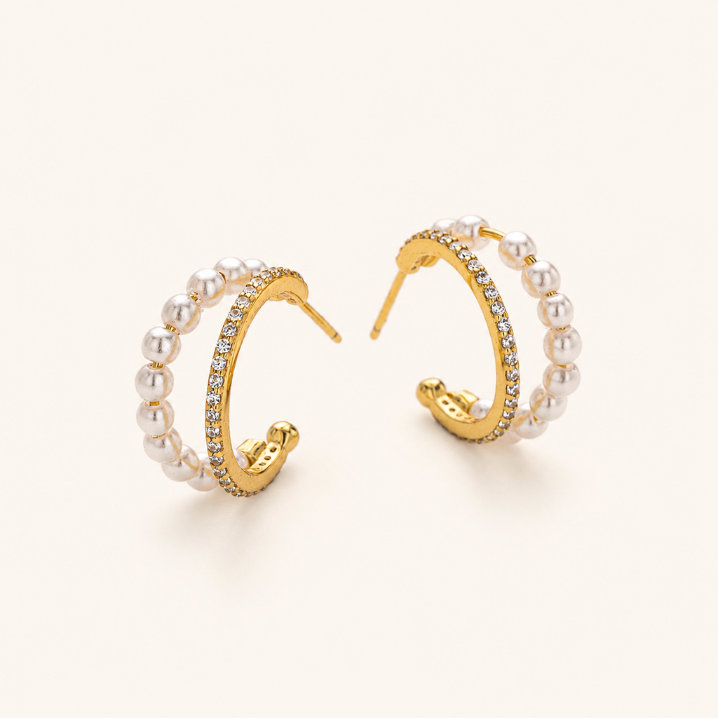 Sterling Silver Pearl and Zirconia Stud Earrings detail view