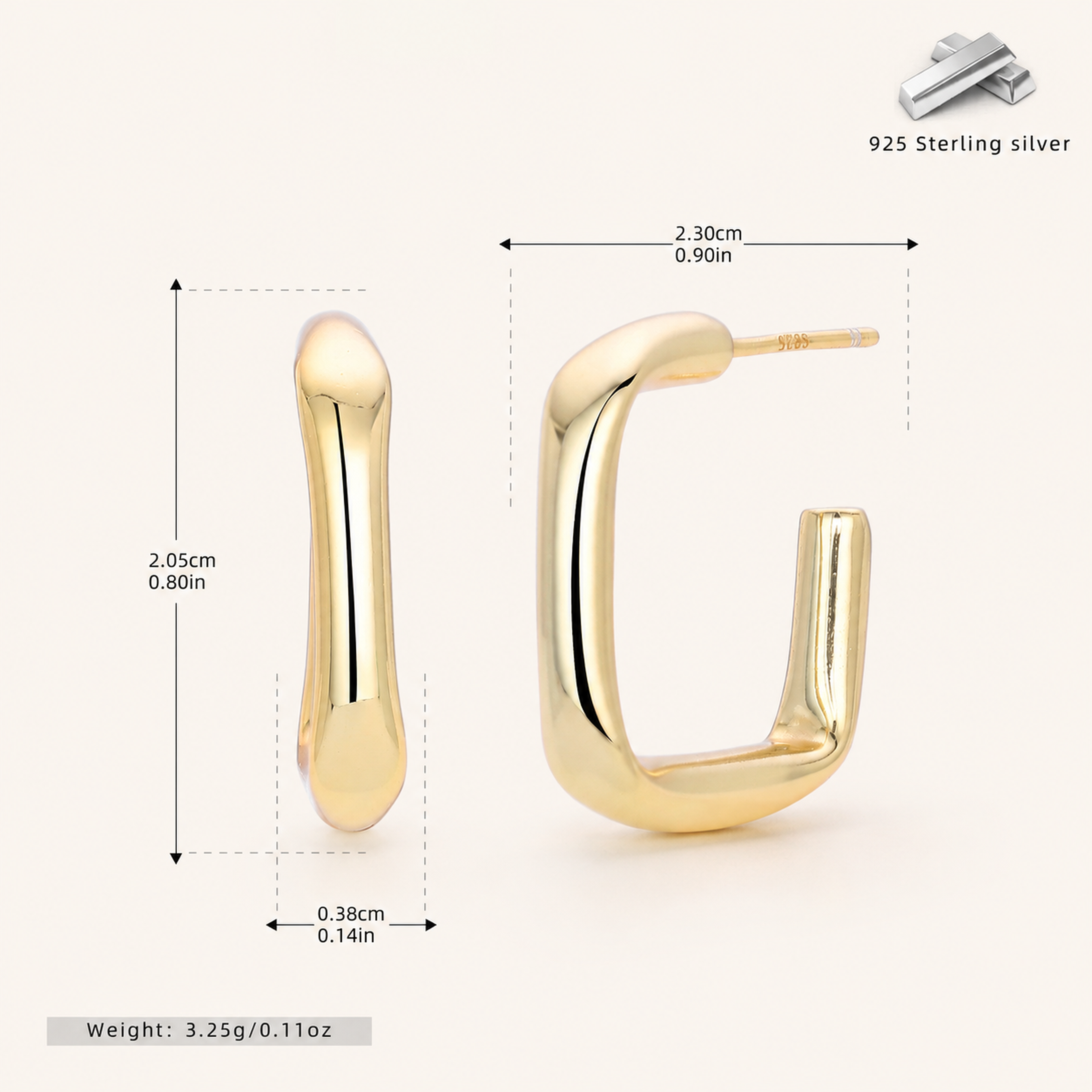 Sterling Silver Hollow Tube Stud Earrings - Gold