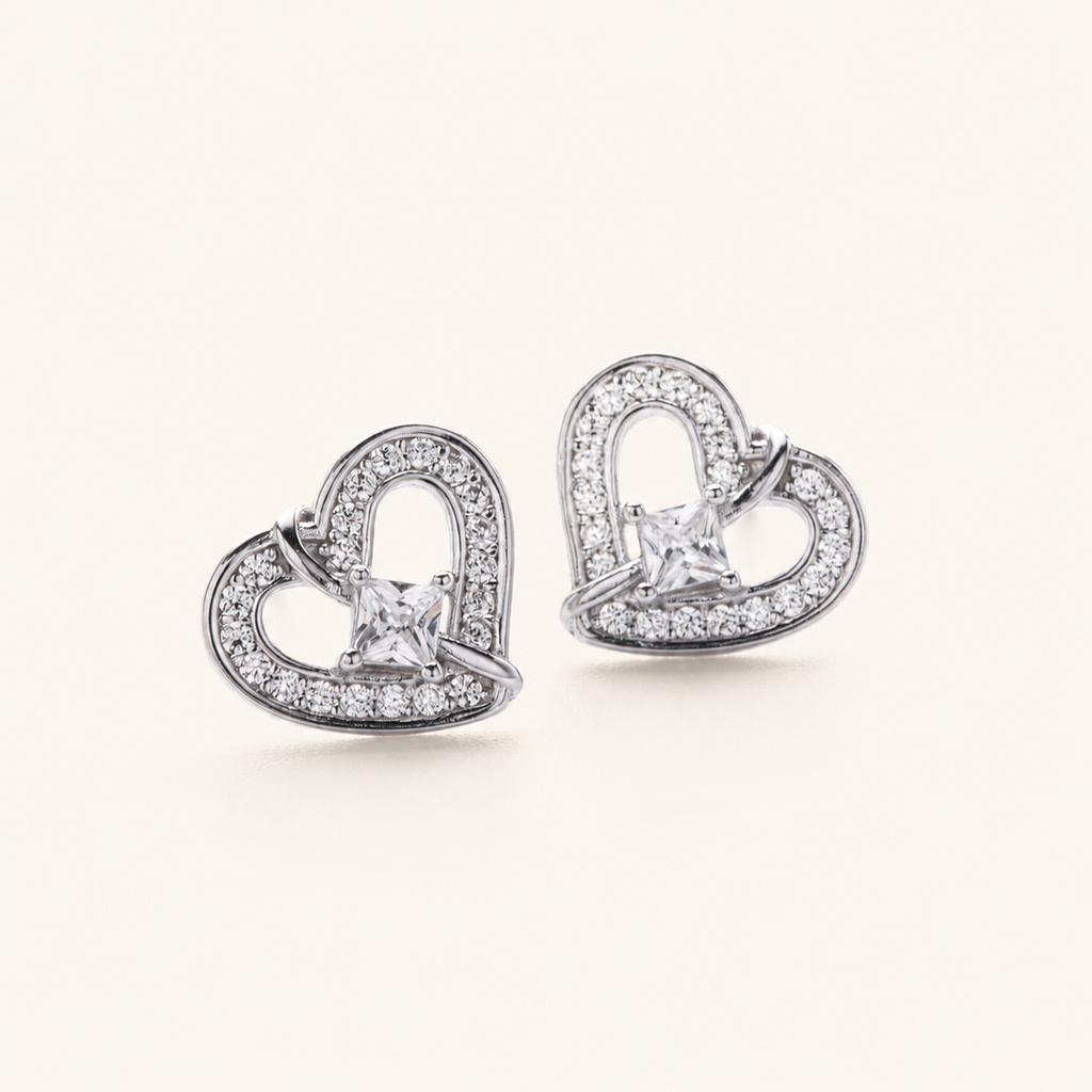 Sterling Silver Zirconia Heart Stud Earrings detail view