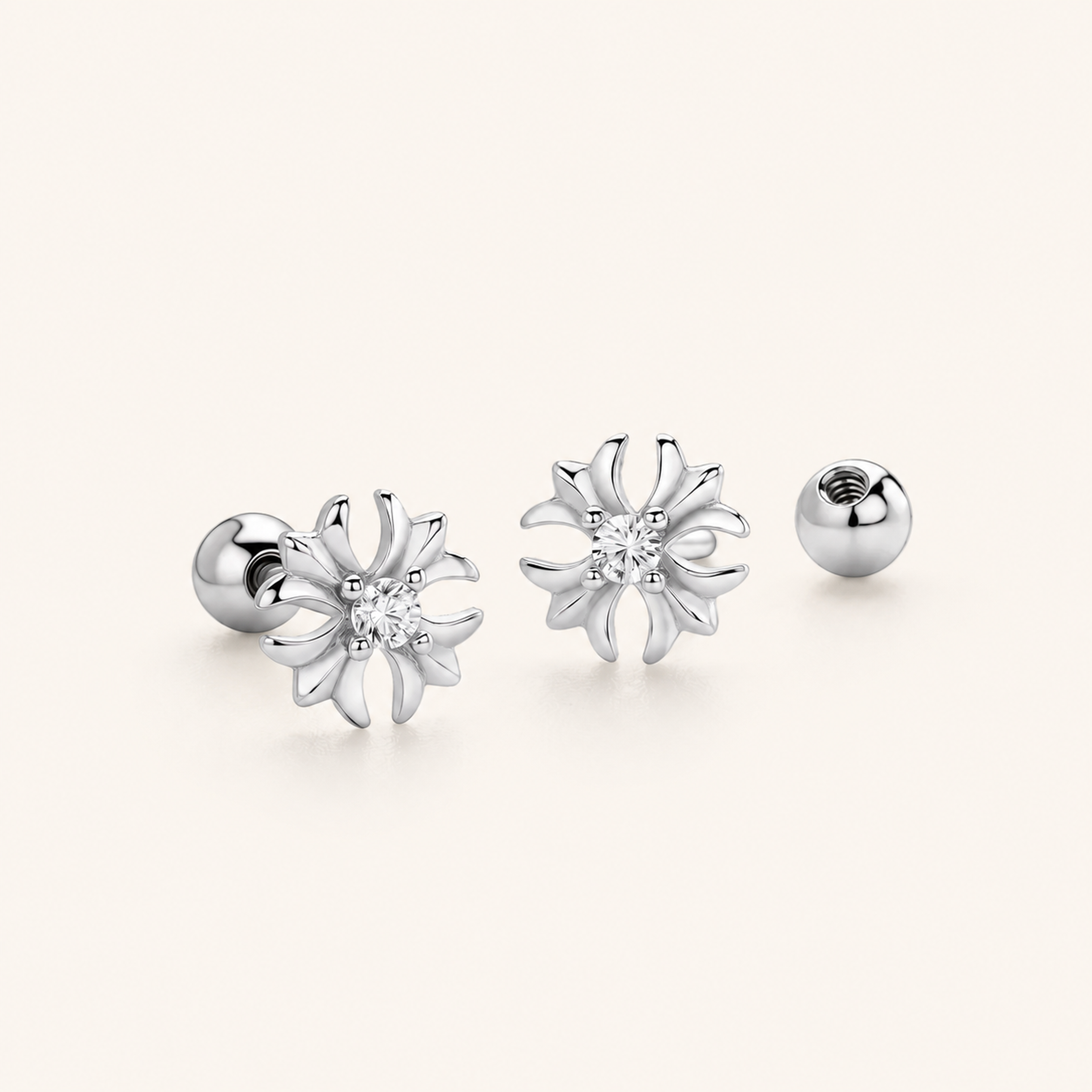 Sterling Silver Pinwheel Zirconia Flat Back Earrings detail view