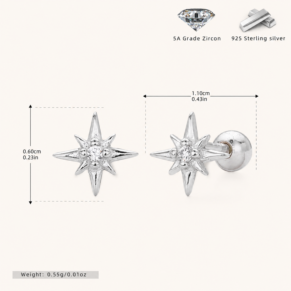 Sterling Silver Eight-Point Star Zirconia Flat Back Earrings - Platinum