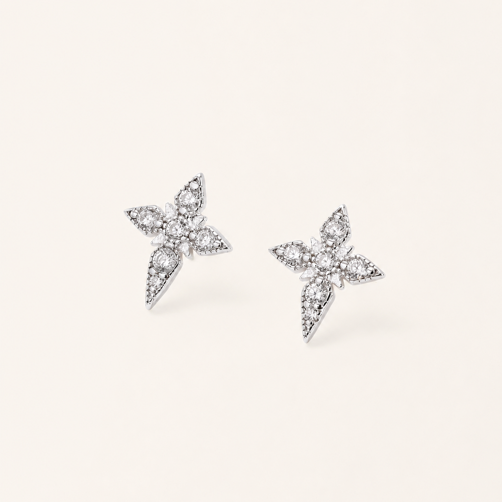 Sterling Silver Four-Point Star Zirconia Stud Earrings detail view
