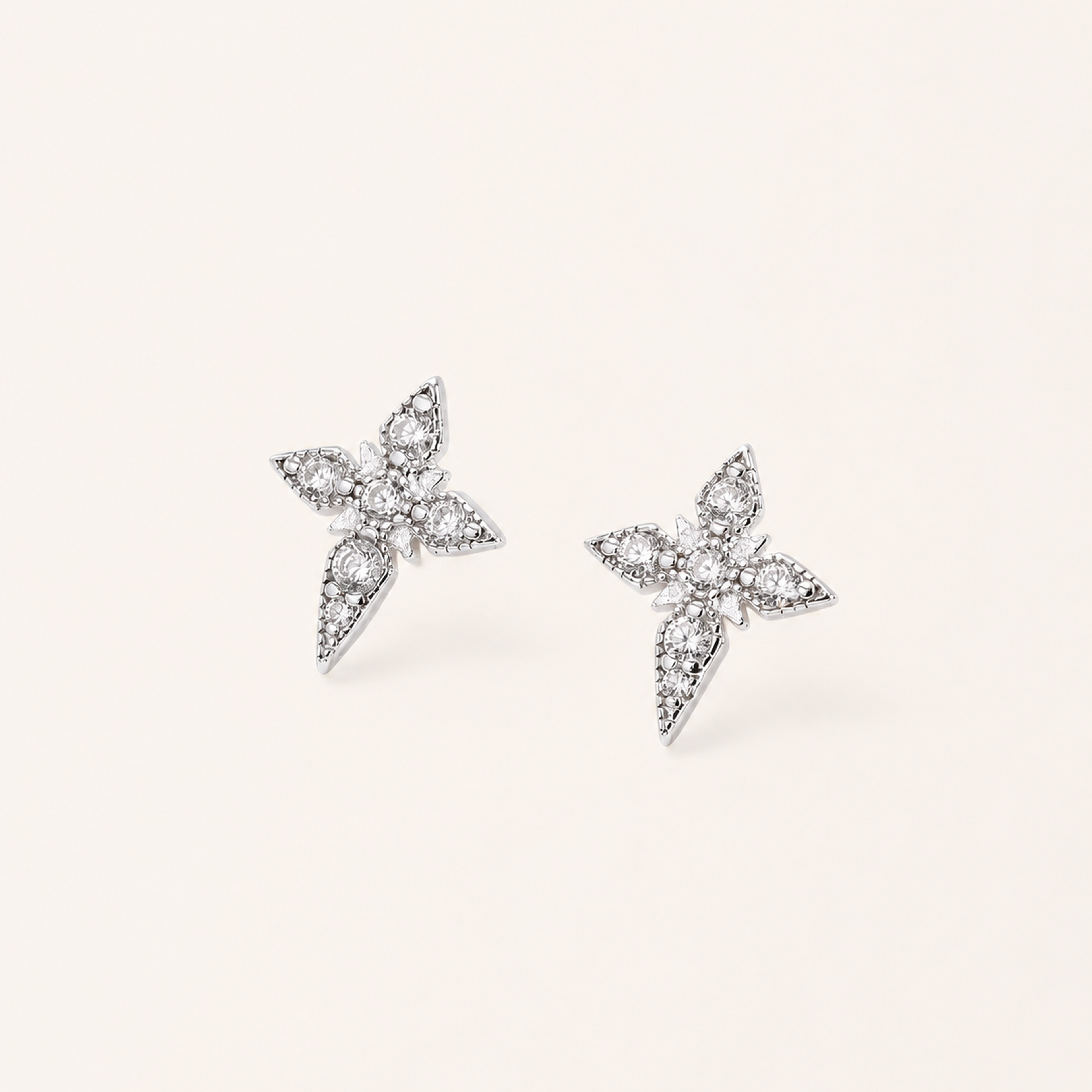 Sterling Silver Four-Point Star Zirconia Stud Earrings detail view