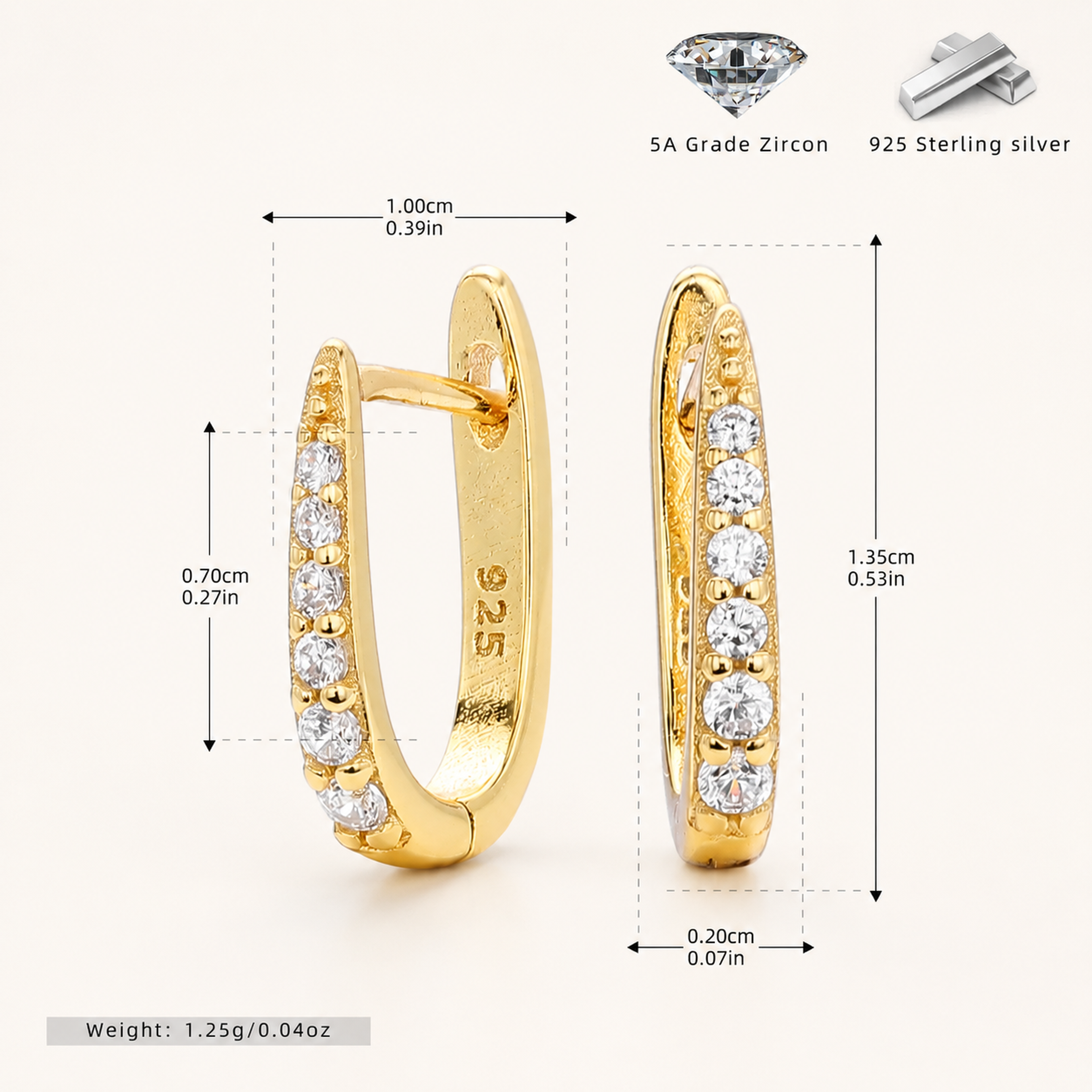Sterling Silver Single-Row Zirconia Hoop Earrings - Gold