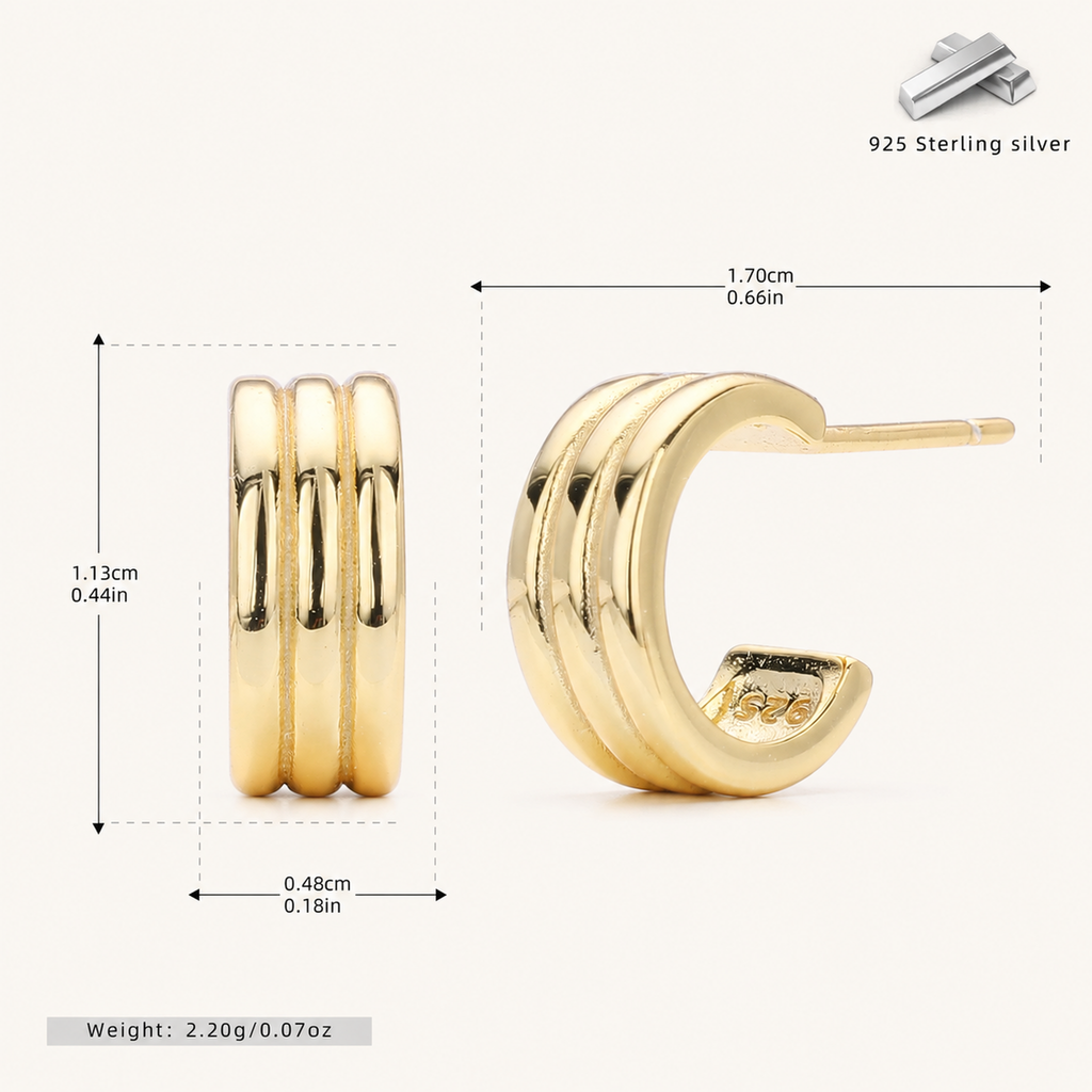 Sterling Silver Triple Layered C-Curve Stud Earrings - Gold