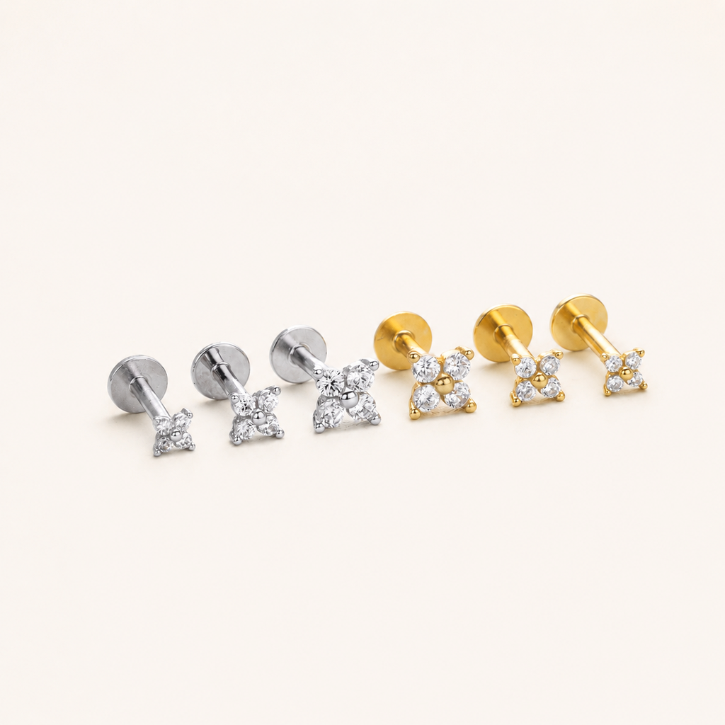 Sterling Silver Four-Leaf Clover Zirconia Flat Back Earrings detail