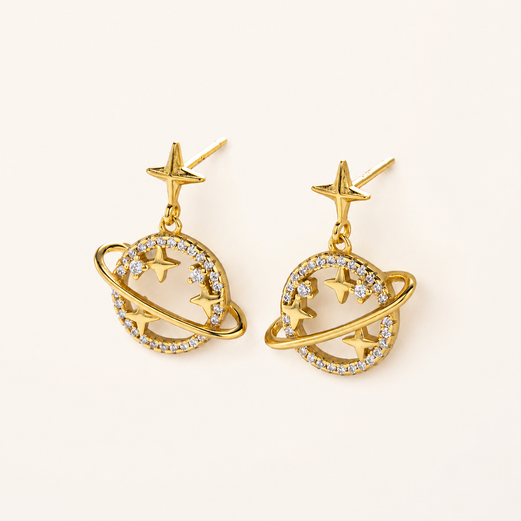 Sterling Silver Openwork Planet & Star Stud Earrings detail