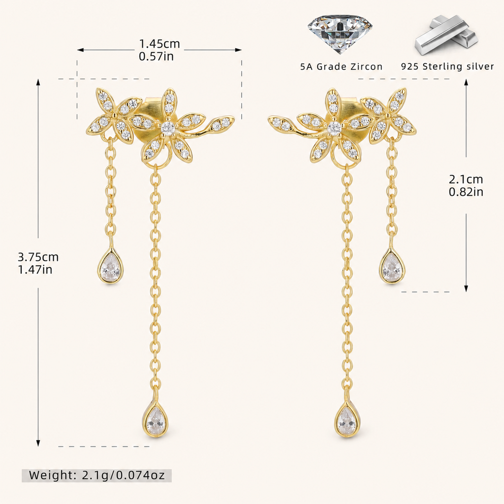Sterling Silver Branch and Leaf Drop Stud Earrings - Gold