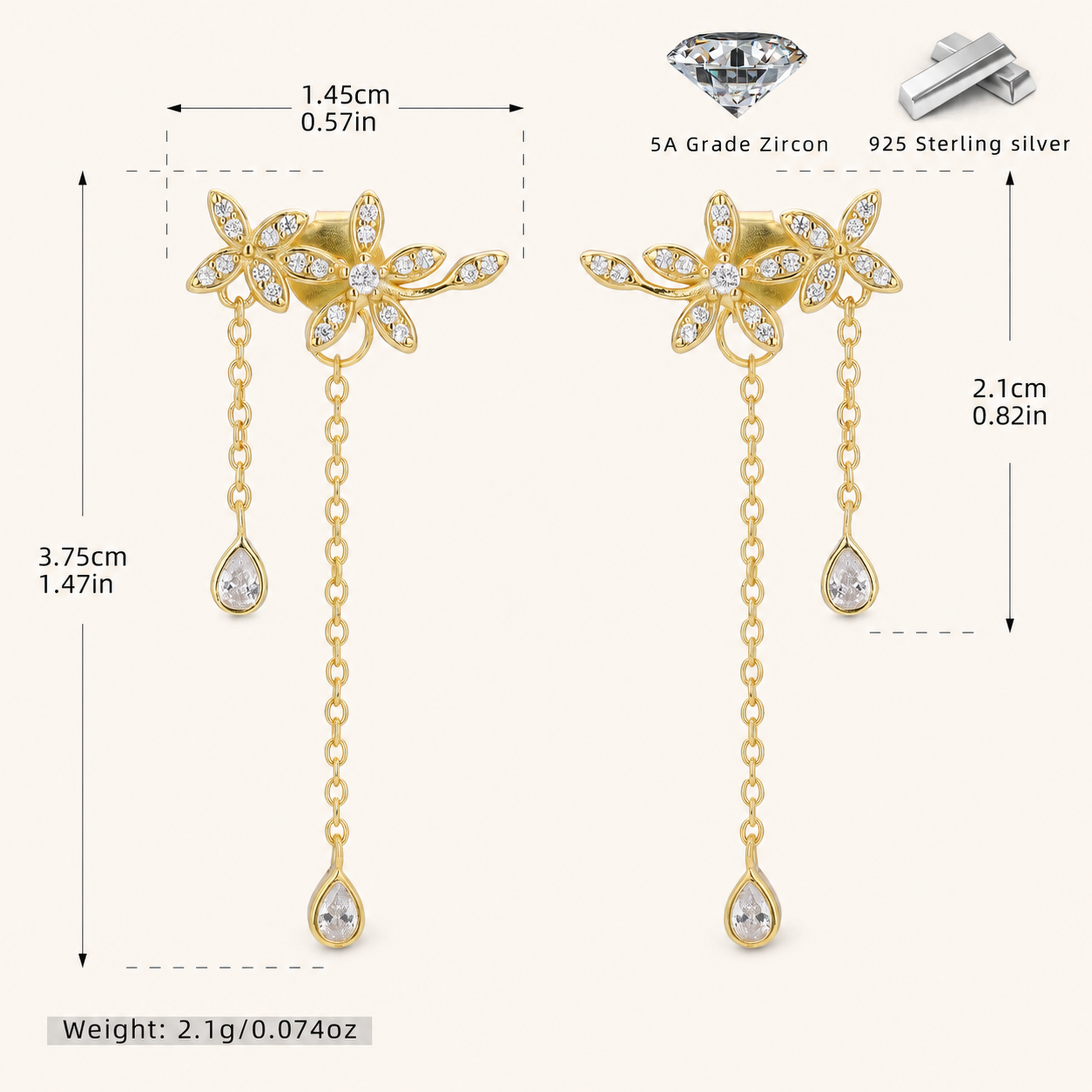 Sterling Silver Branch and Leaf Drop Stud Earrings - Gold