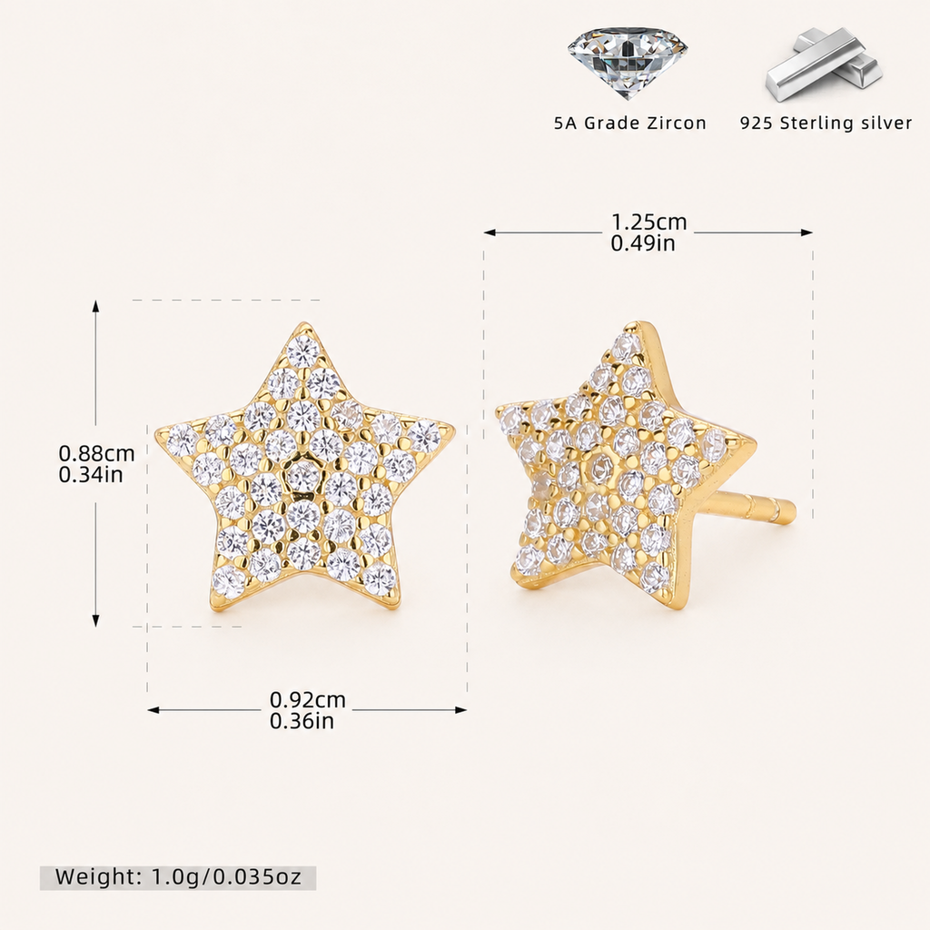 Sterling Silver Five-Point Star Zirconia Stud Earrings - Gold