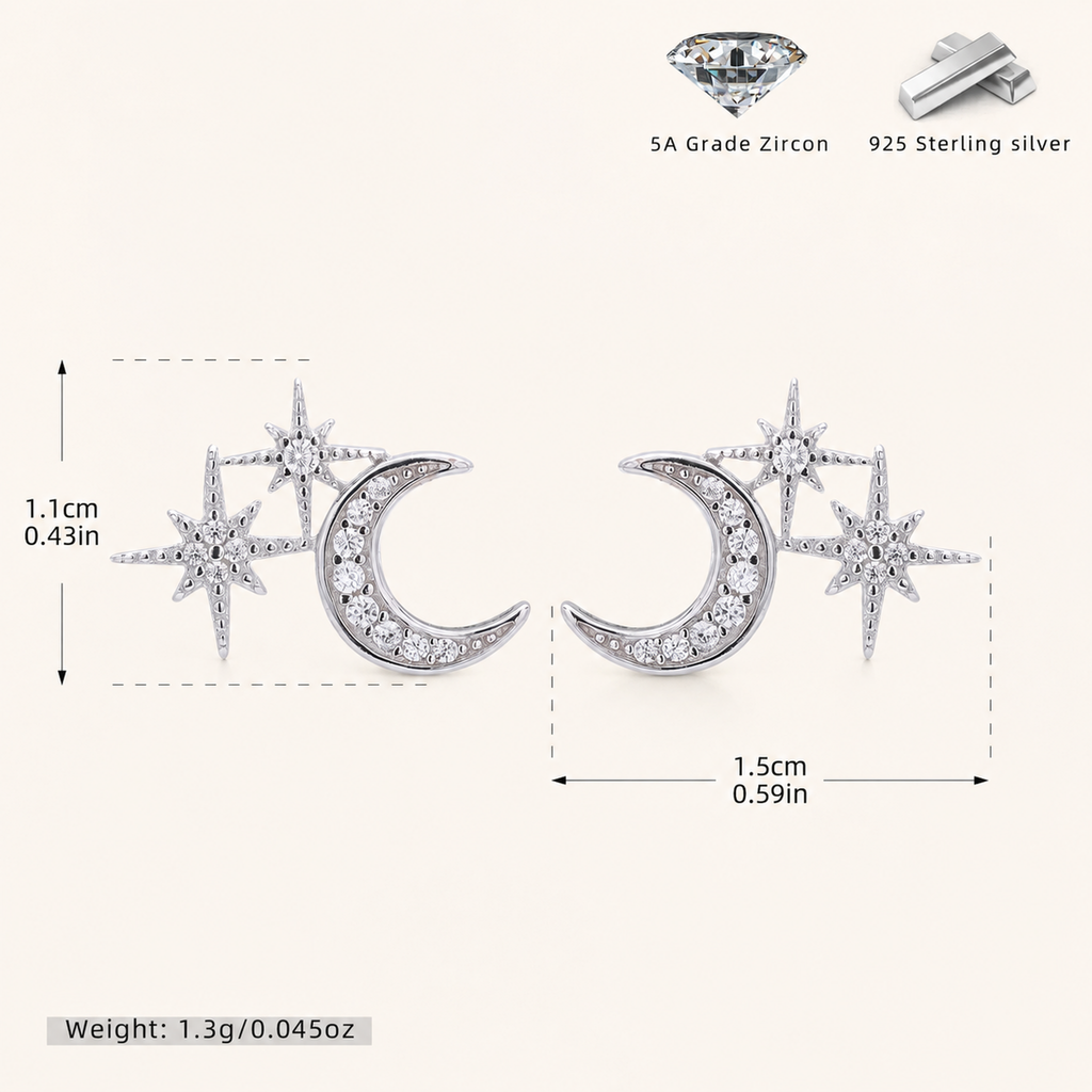 Sterling Silver Star and Moon Zirconia Stud Earrings - Platinum
