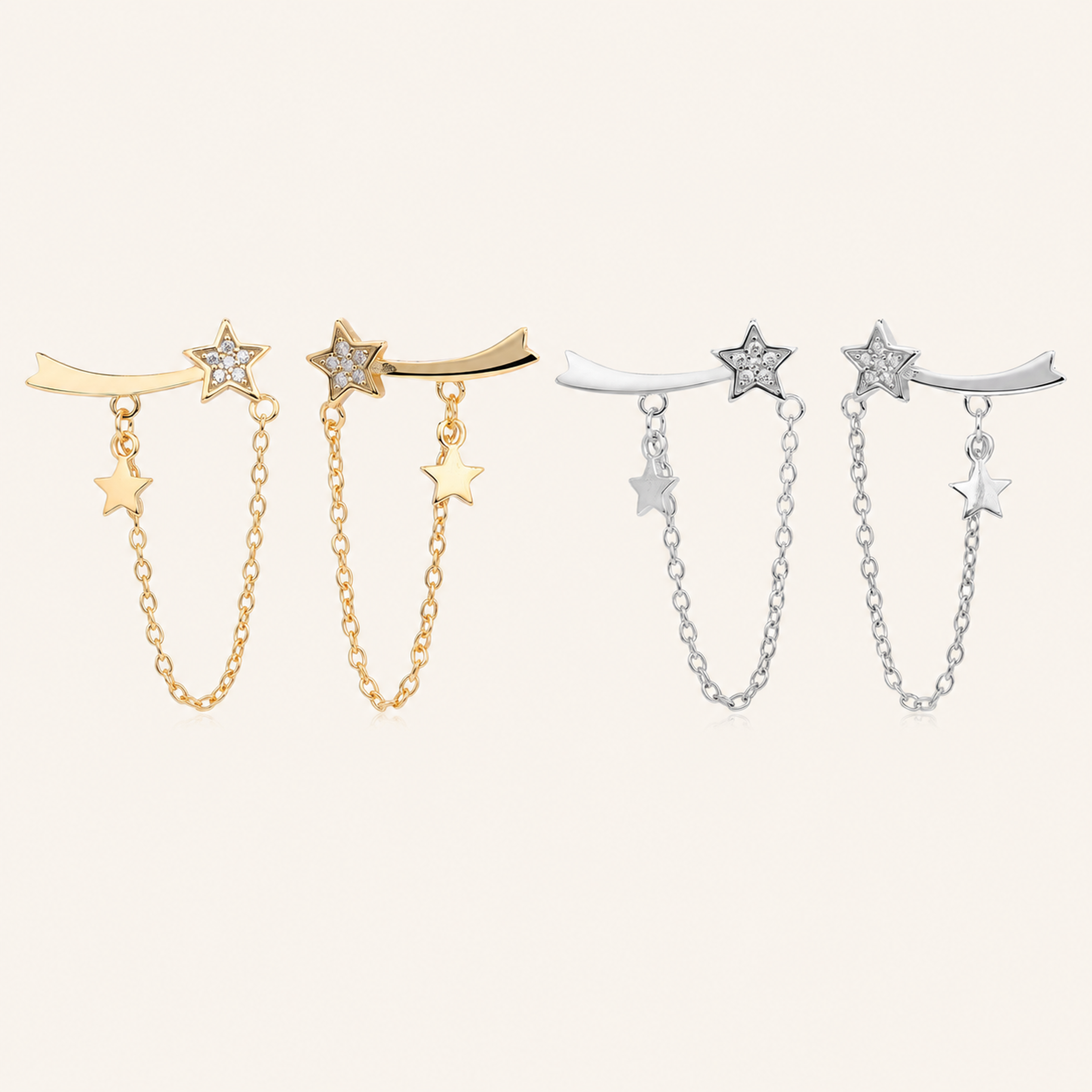 Sterling Silver Star Zirconia Chain Drop Stud Earrings