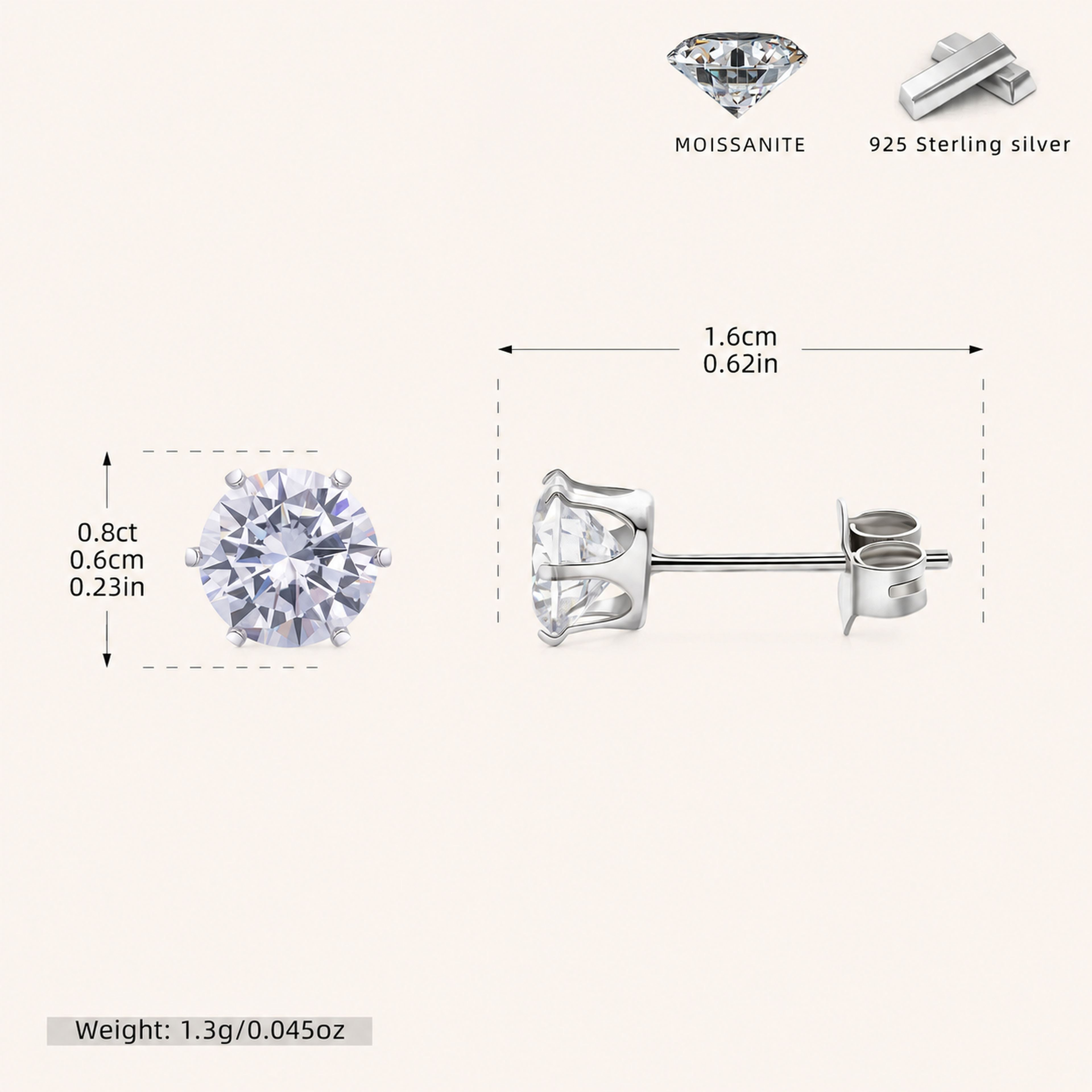 Sterling Silver Six-Prong Moissanite Solitaire Stud Earrings - Platinum / 6mm